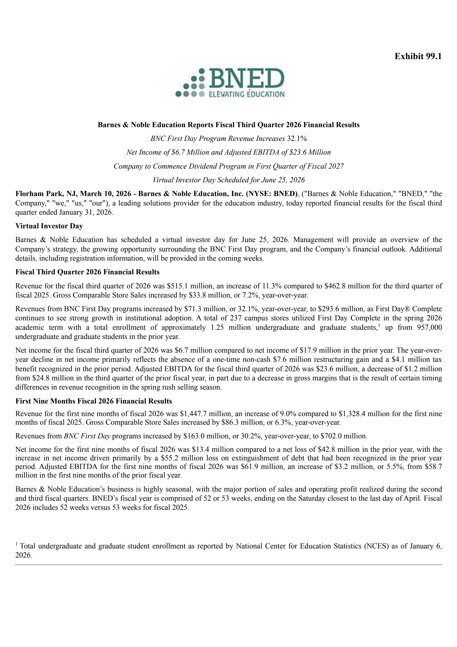 Barnes & Noble Education's Q3 2026 Press Release