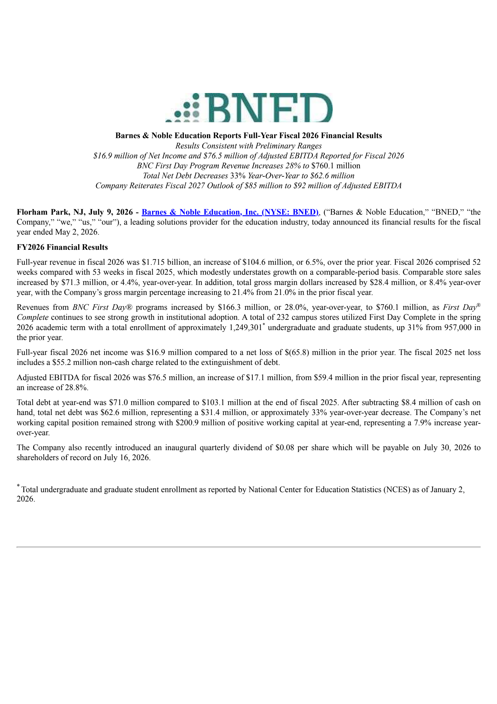 Barnes & Noble Education's Q4 2026 Press Release