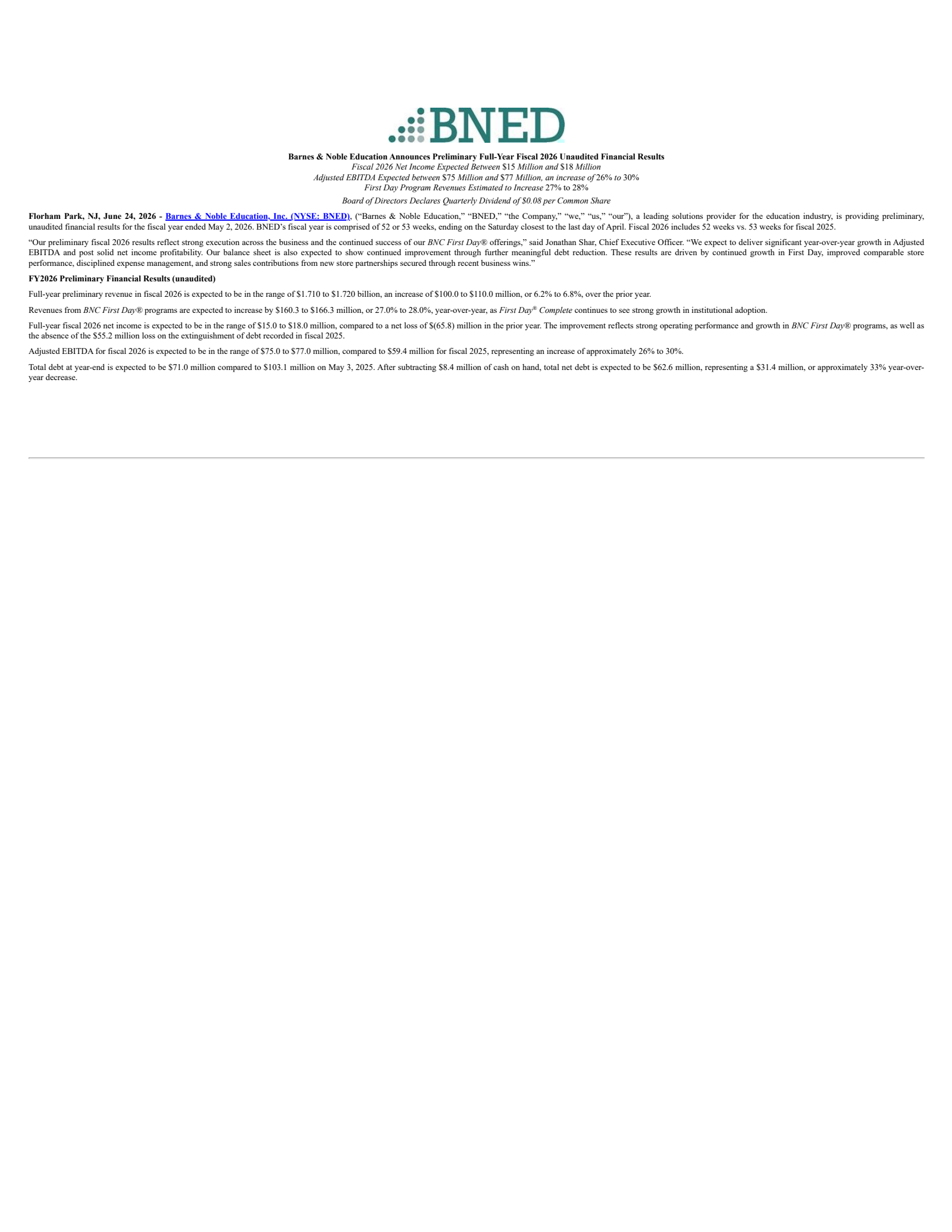 Barnes & Noble Education's Q4 2026 Press Release