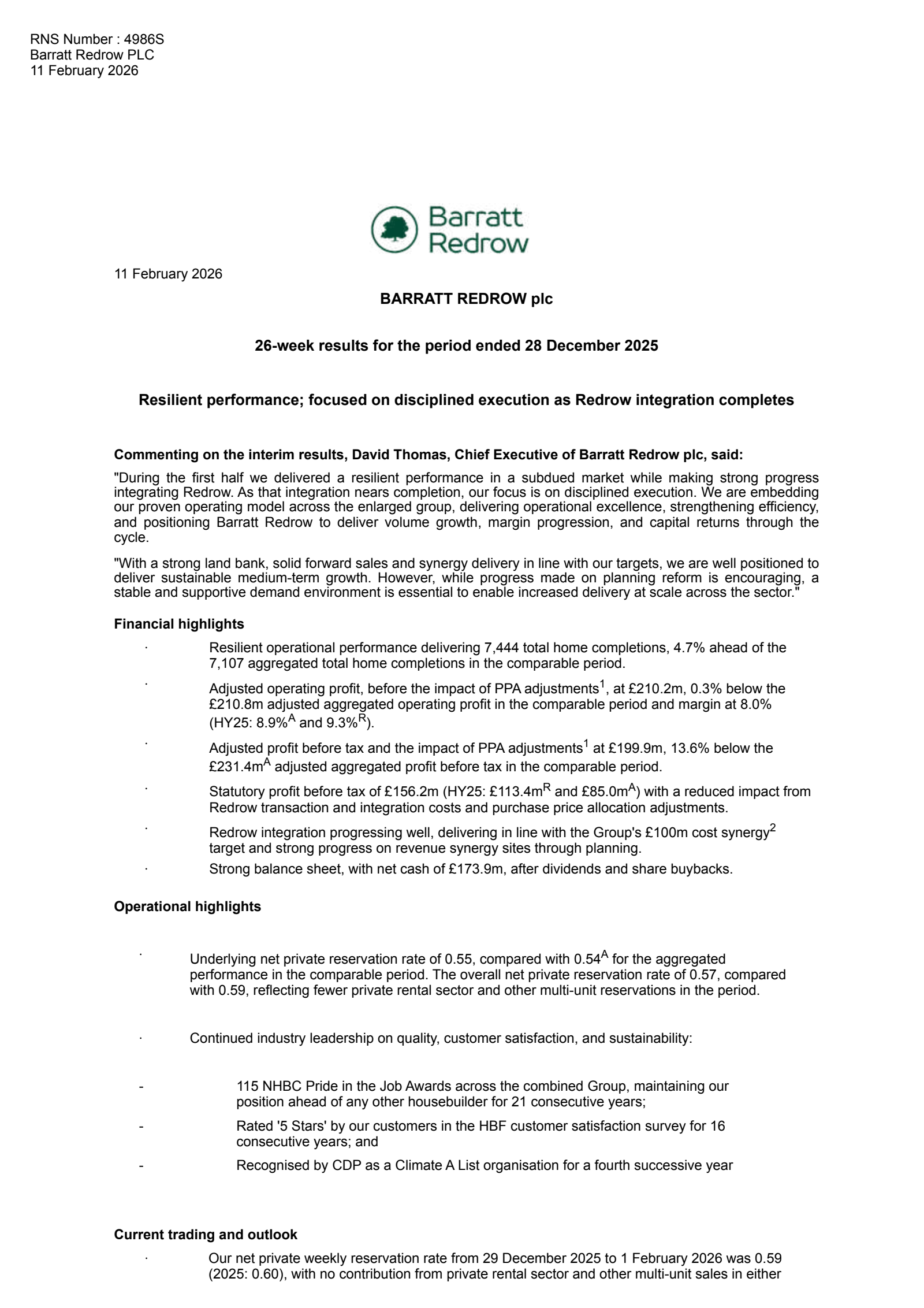 Barratt Redrow's H1 2026 Interim report