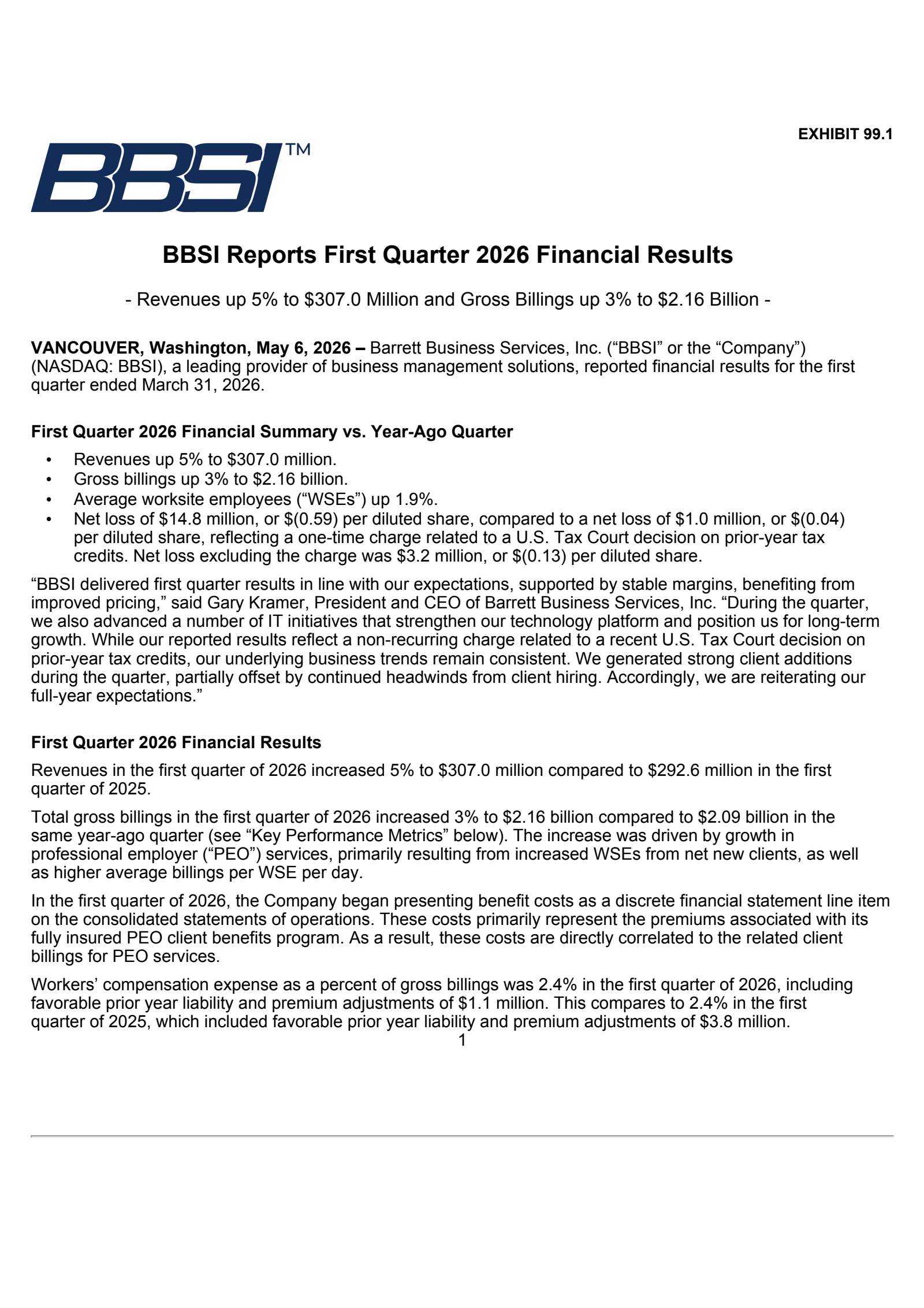 Barrett Business Services' Q1 2026 Press Release