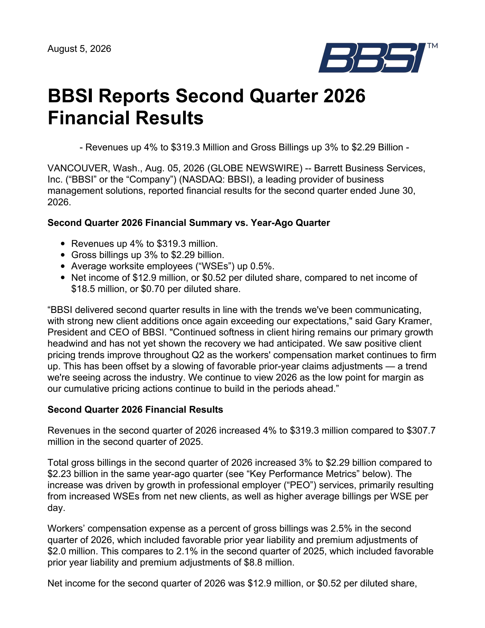 Barrett Business Services' Q2 2026 Press Release