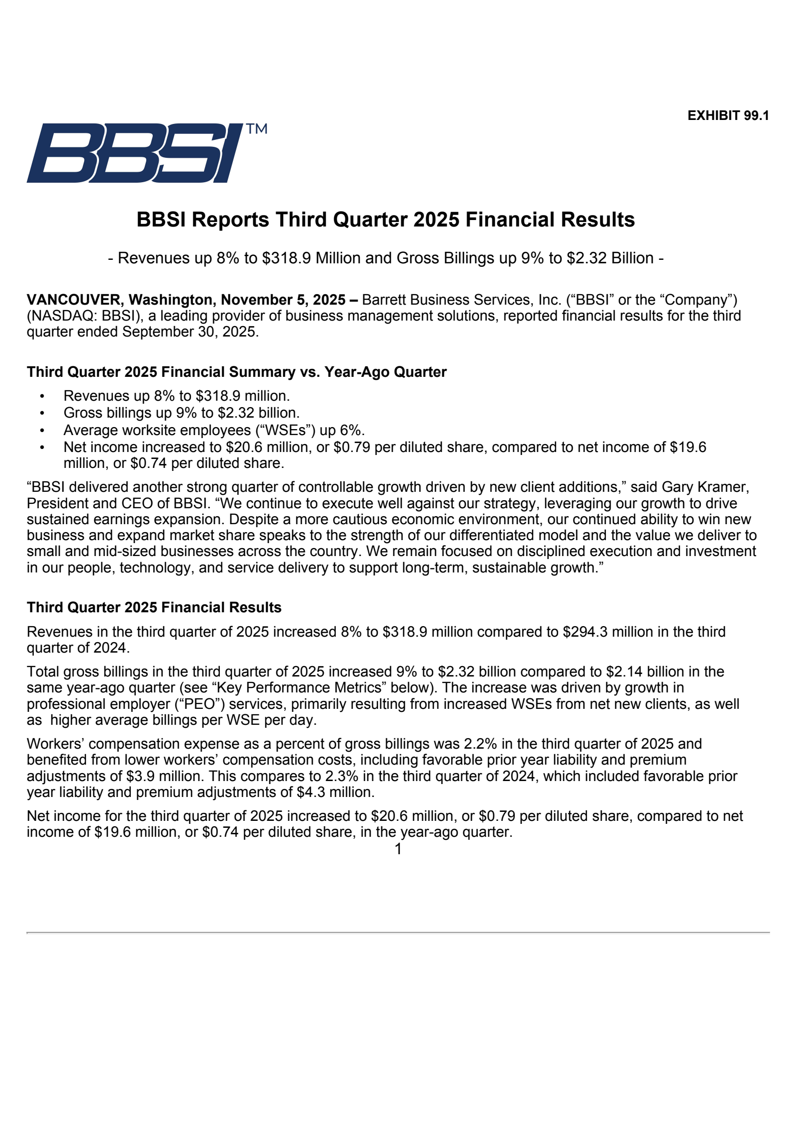 Barrett Business Services' Q3 2025 Earnings Release