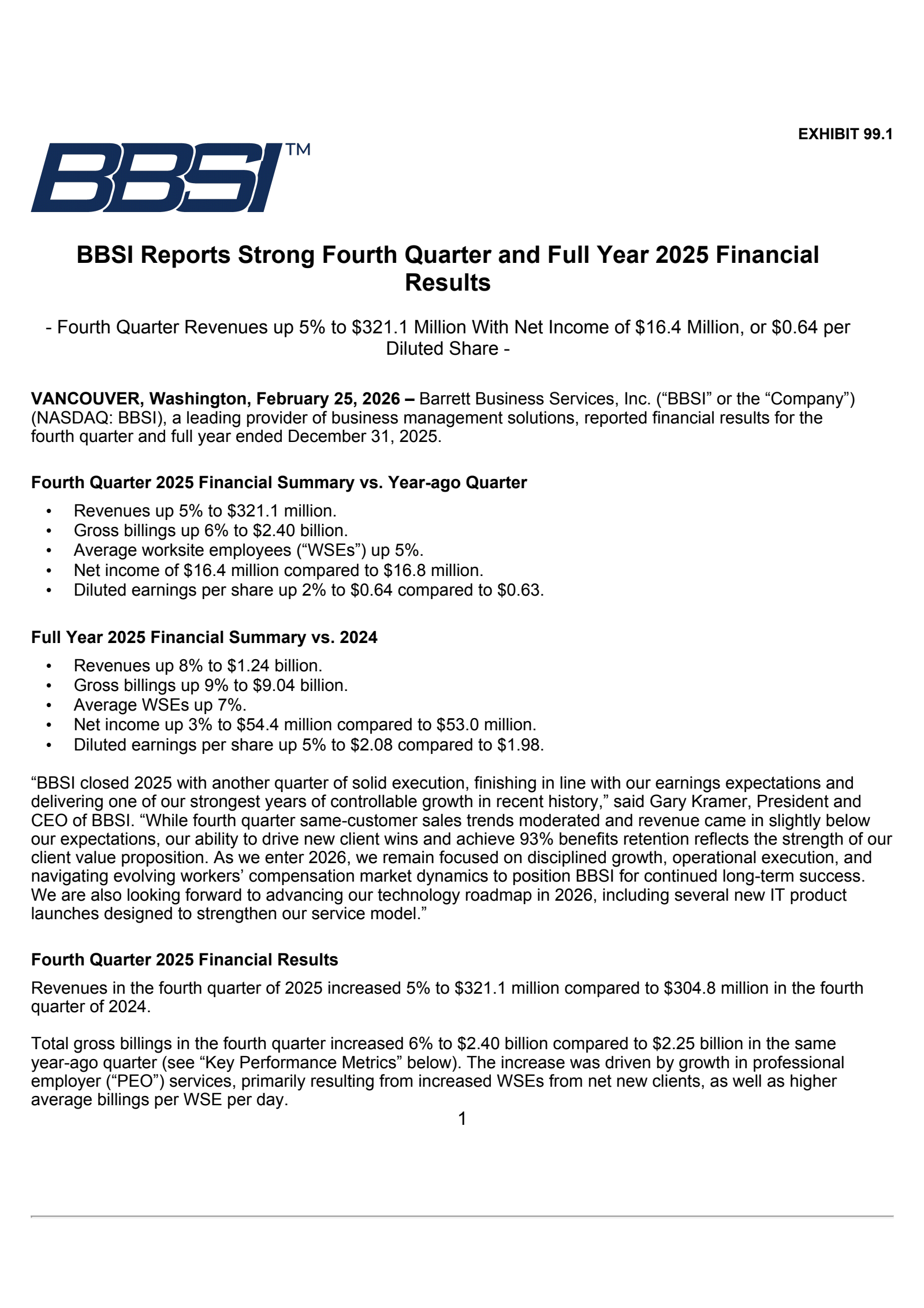 Barrett Business Services' Q4 2025 Press Release