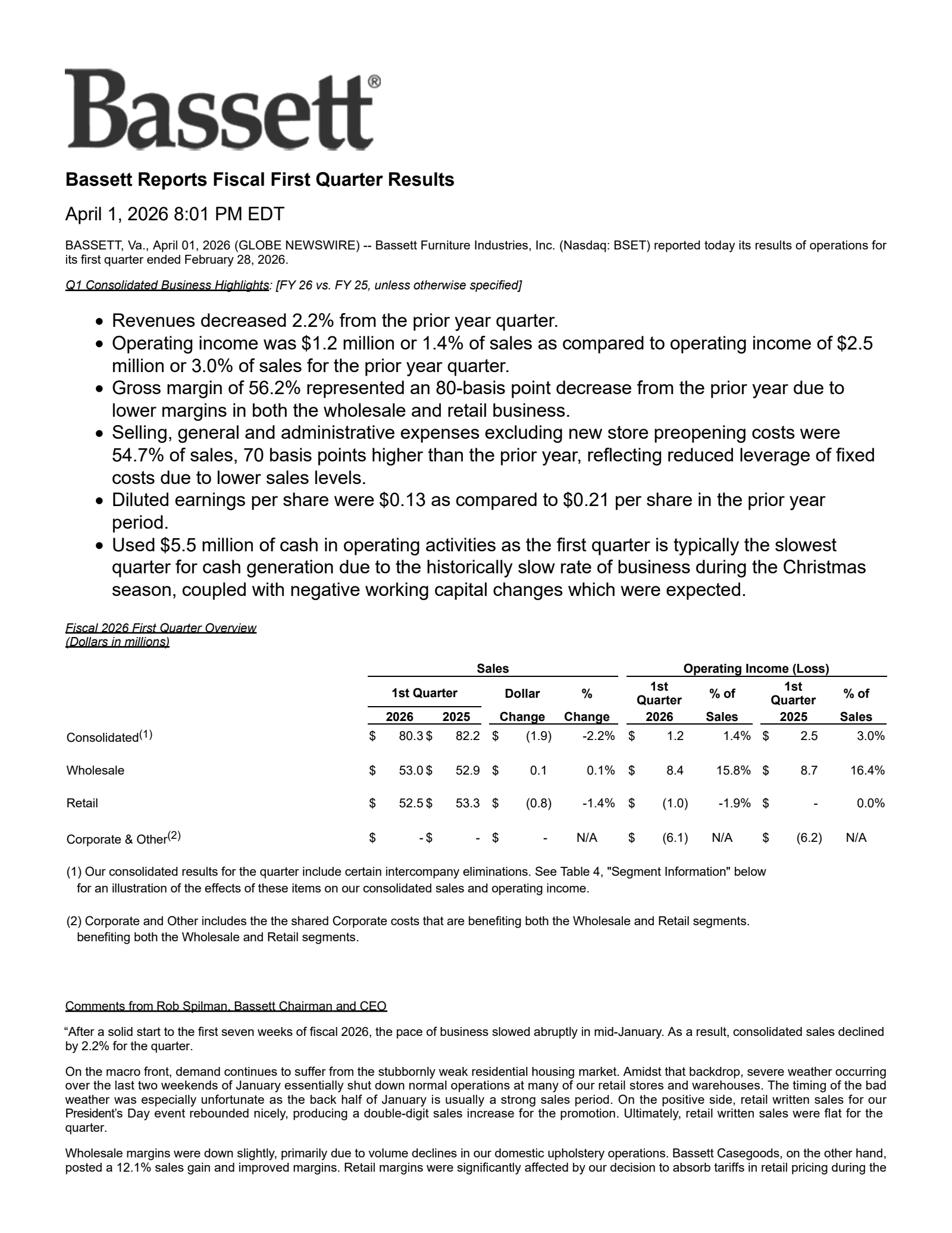 Bassett Furniture Industries' Q1 2026 Press Release