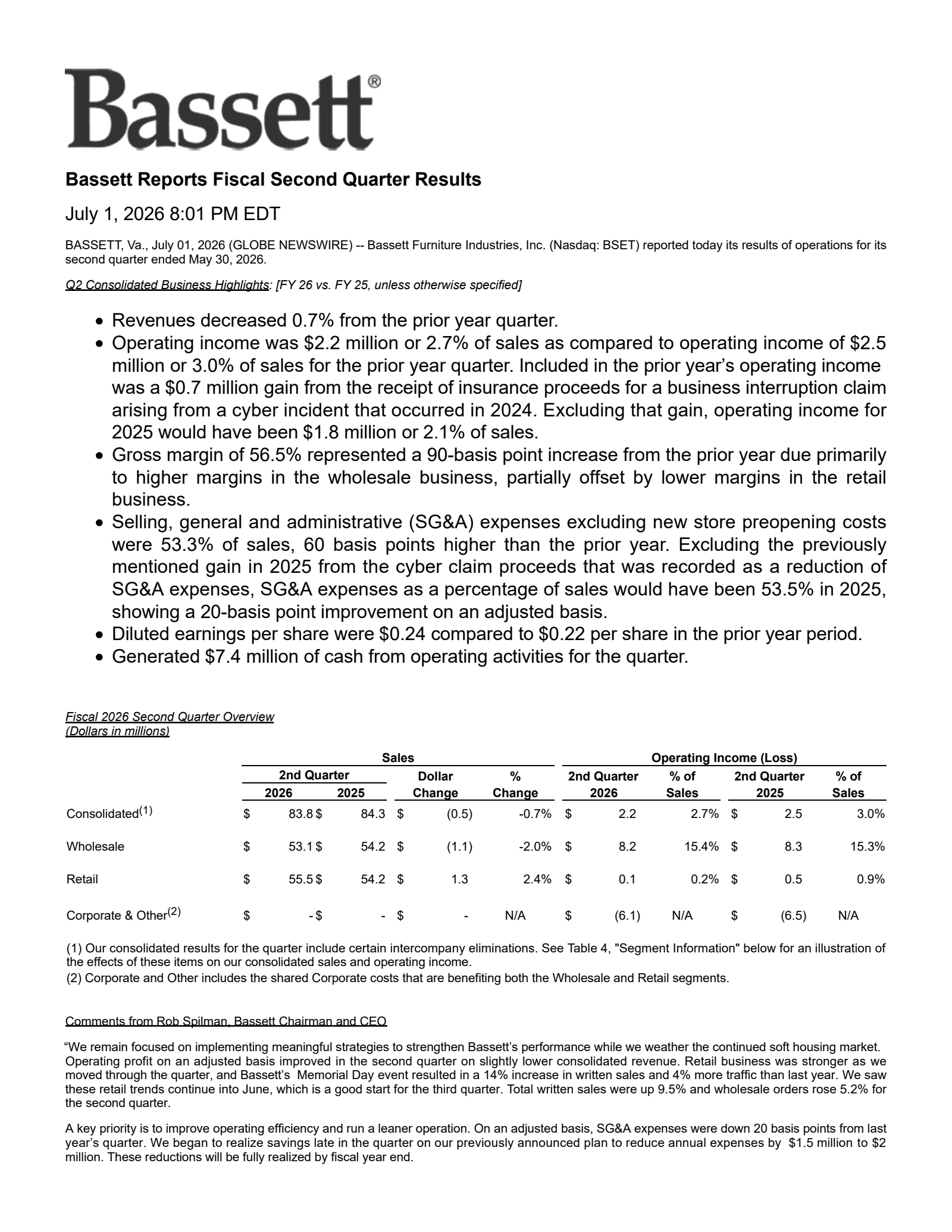 Bassett Furniture Industries' Q2 2026 Press Release