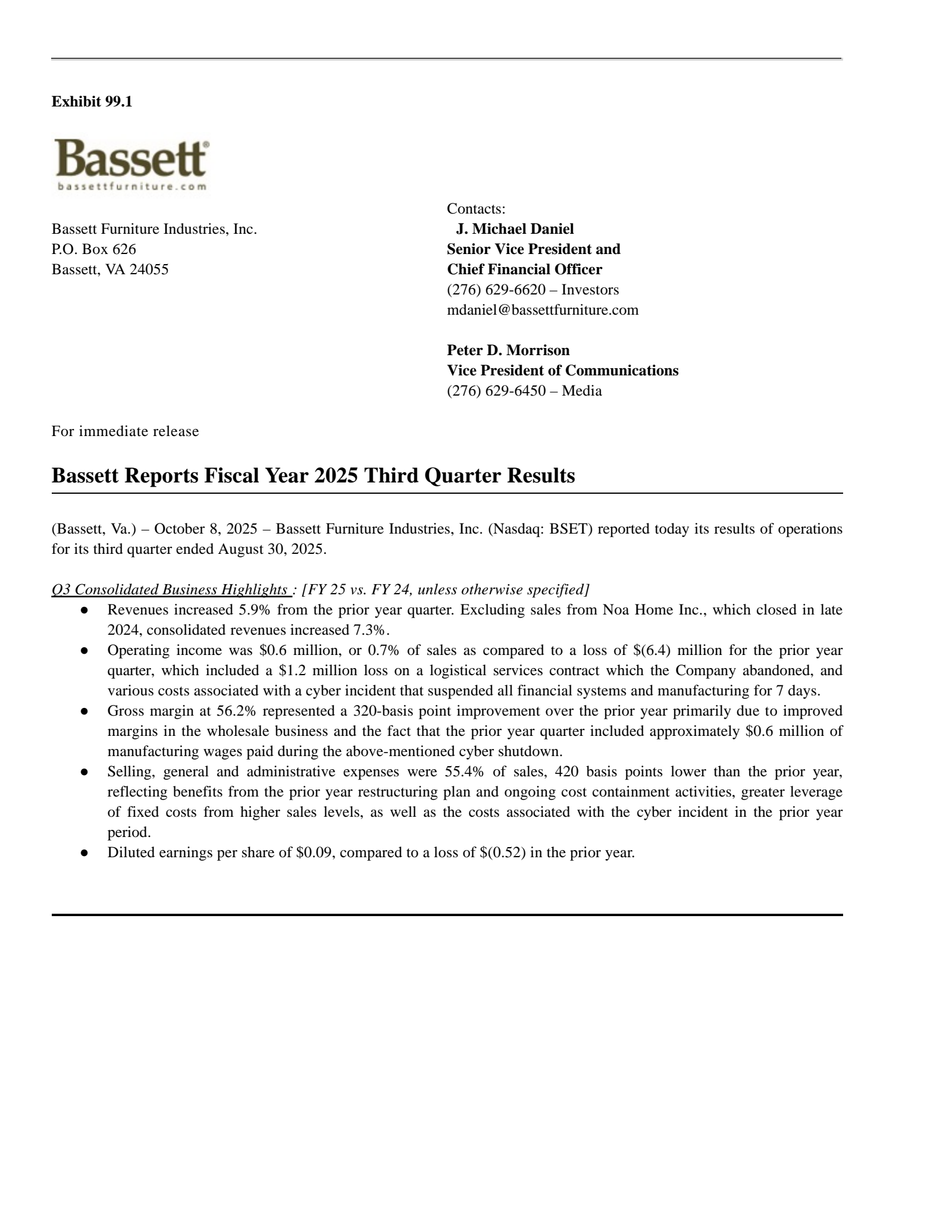 Bassett Furniture Industries' Q3 2025 Earnings Release