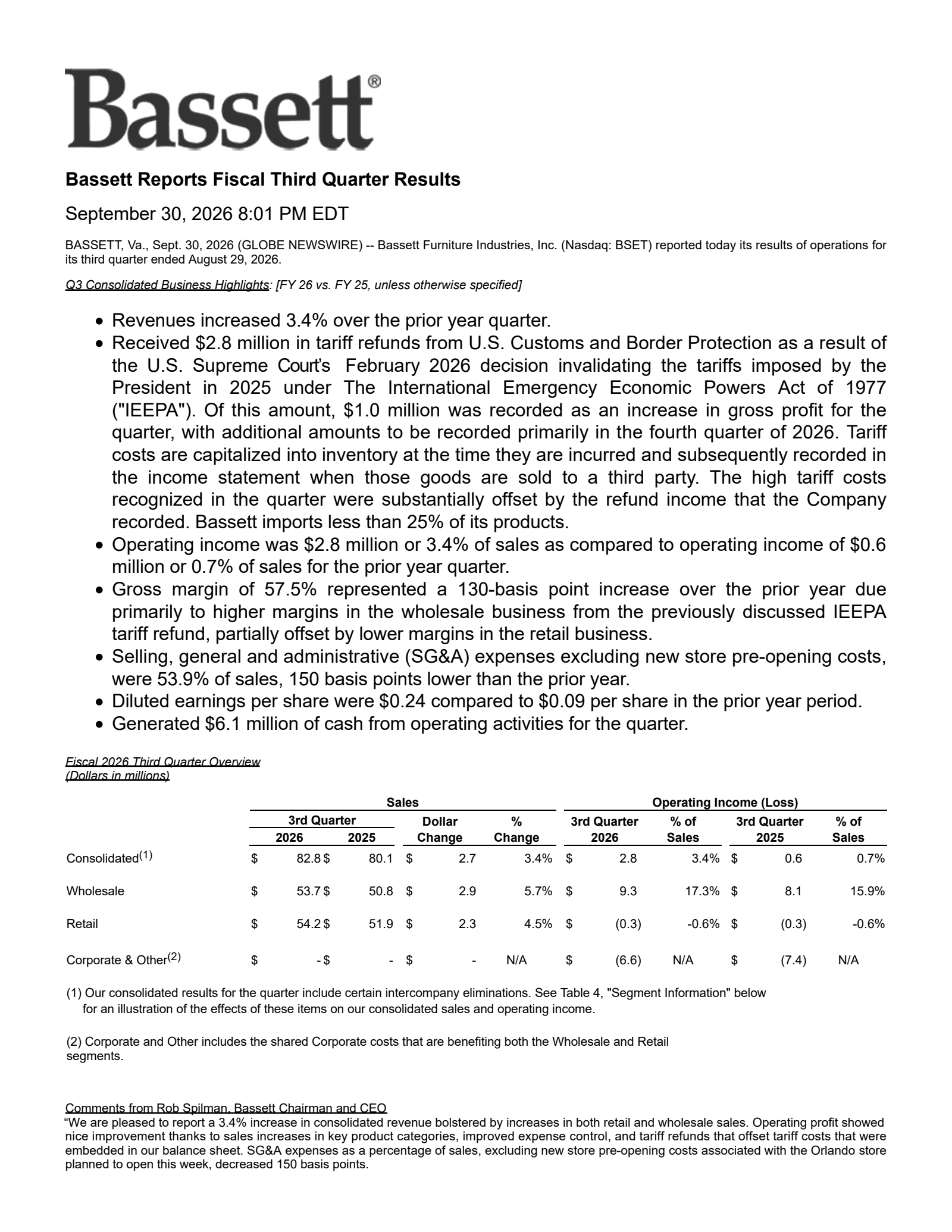 Bassett Furniture Industries' Q3 2026 Press Release