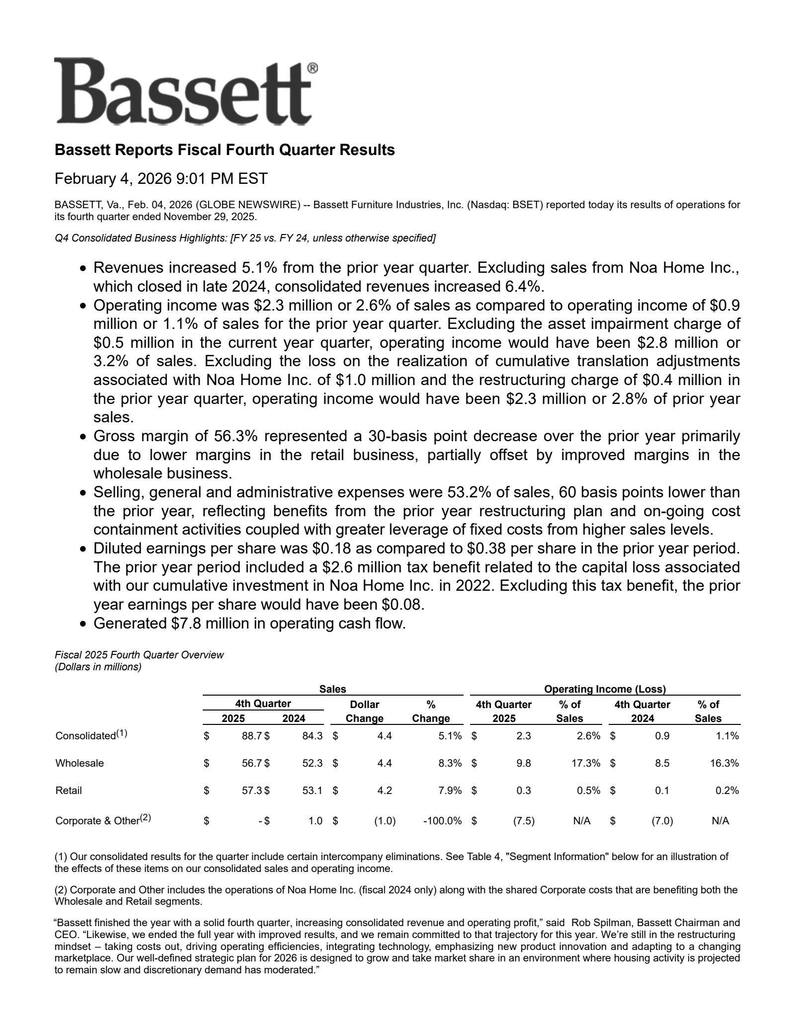 Bassett Furniture Industries' Q4 2025 Press Release