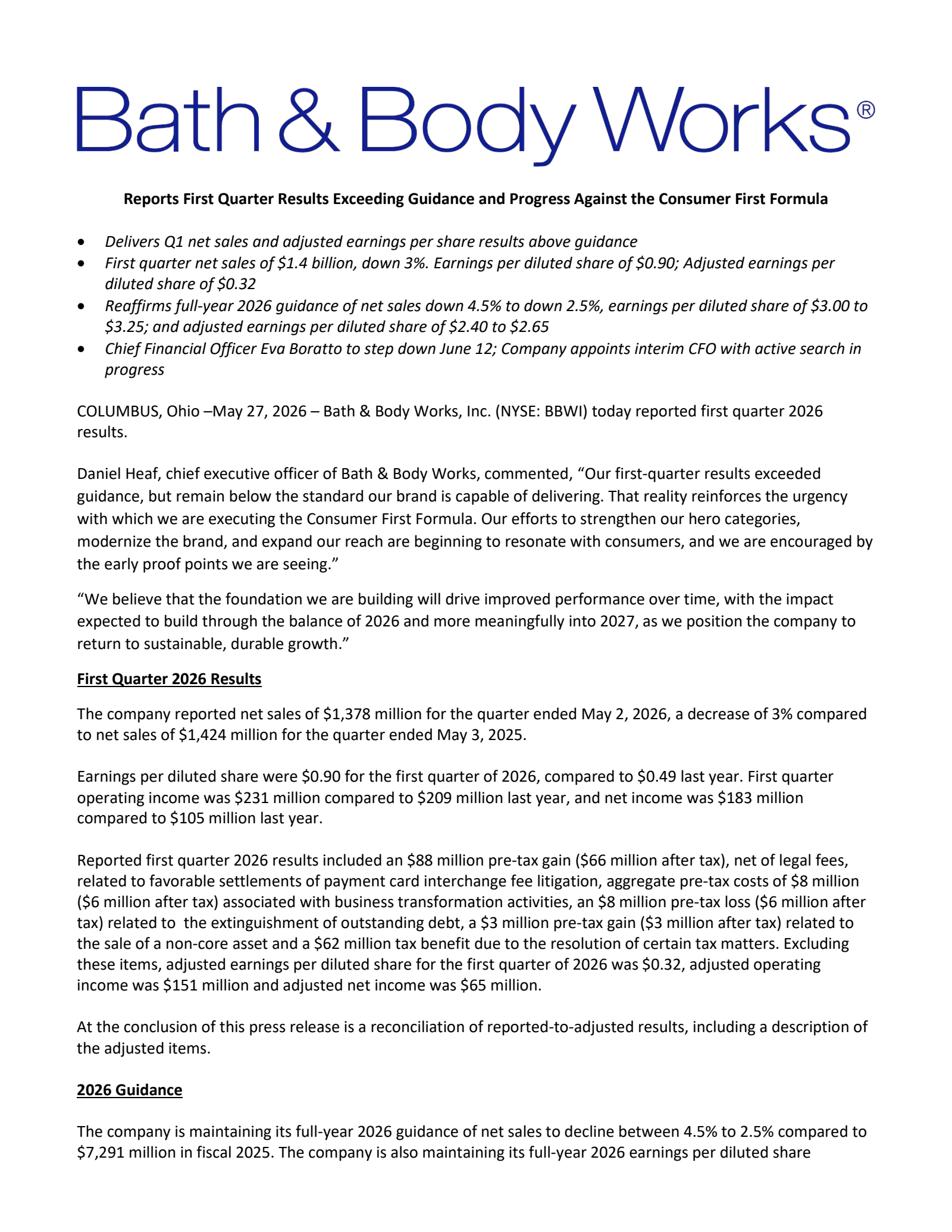 Bath & Body Works' Q1 2027 Press Release