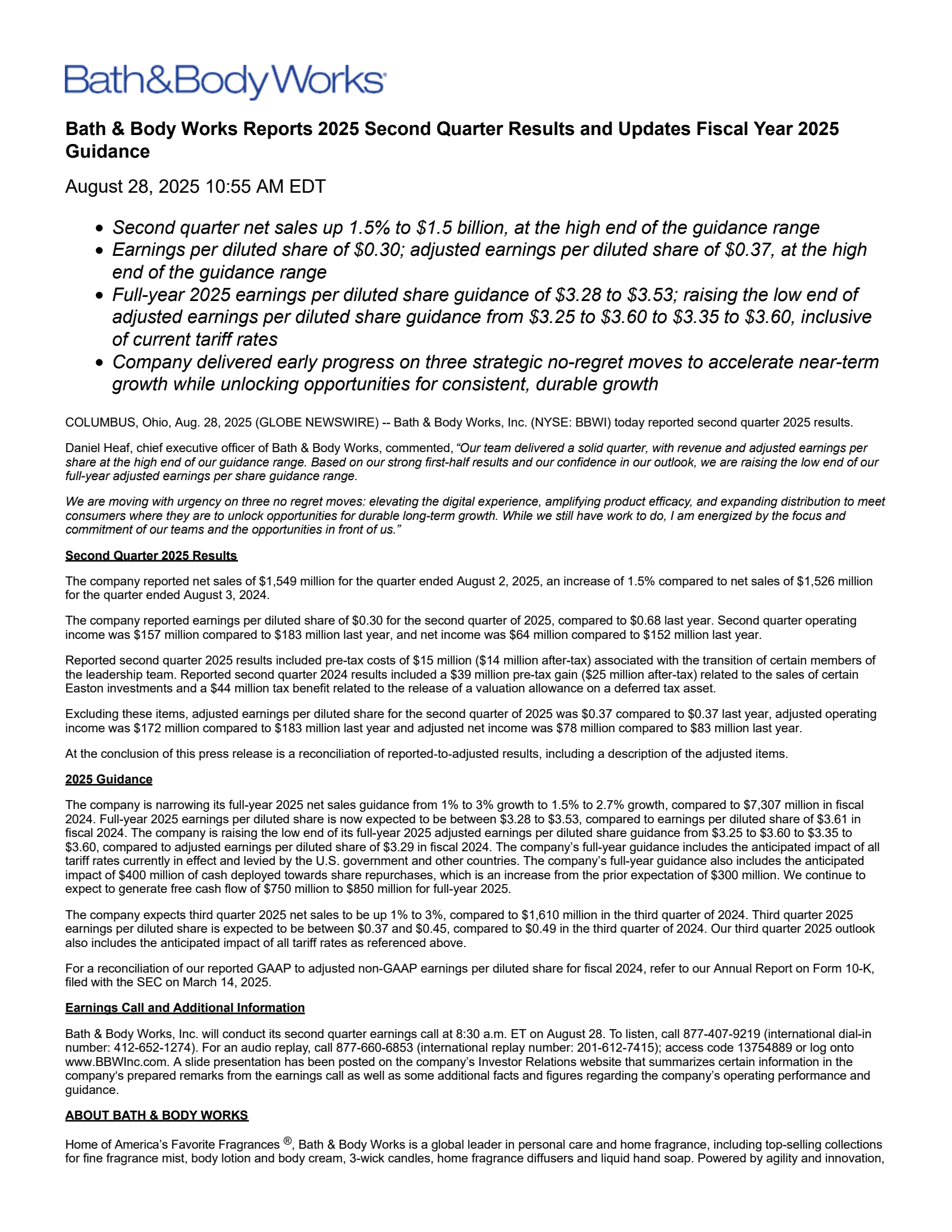 Bath & Body Works' Q2 2026 Press Release