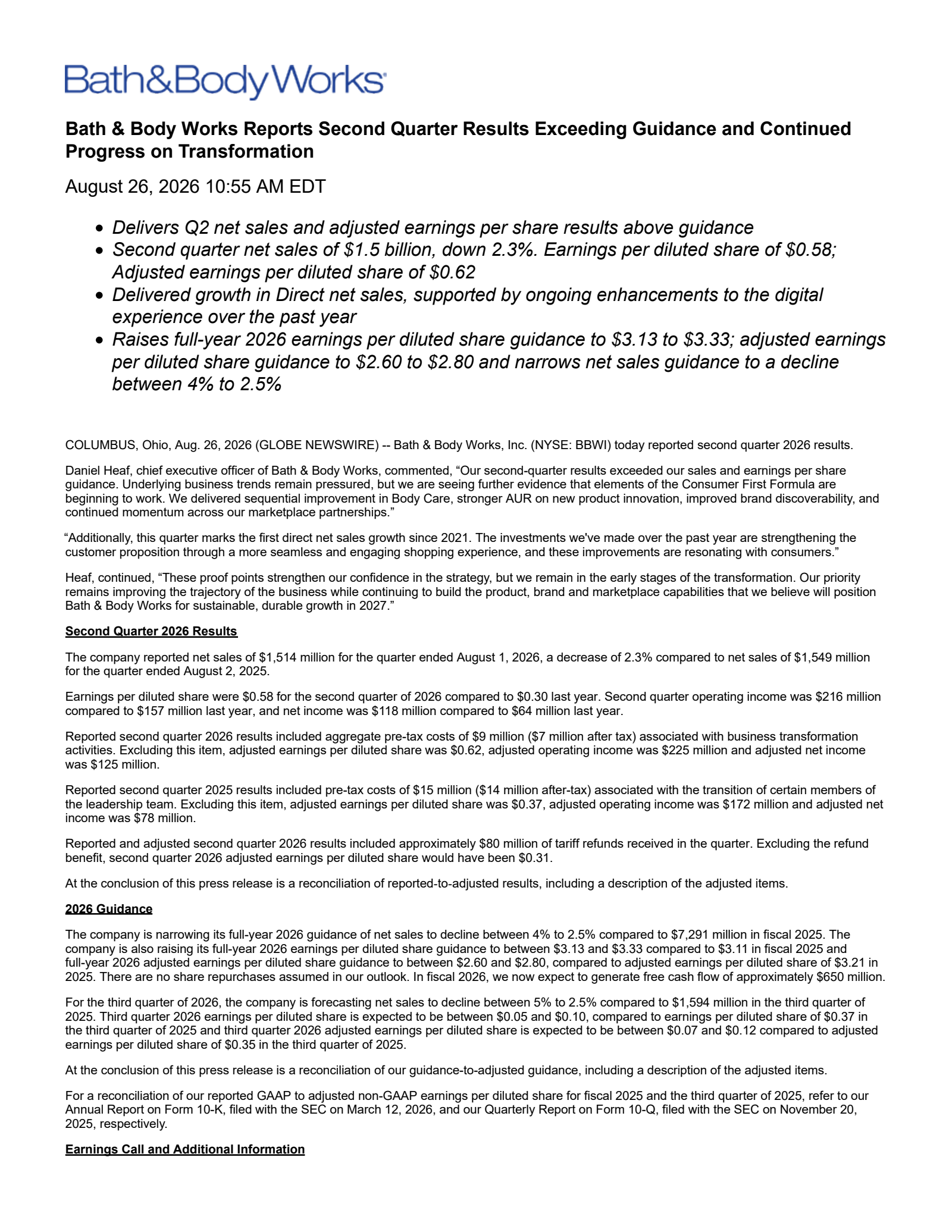 Bath & Body Works' Q2 2027 Press Release