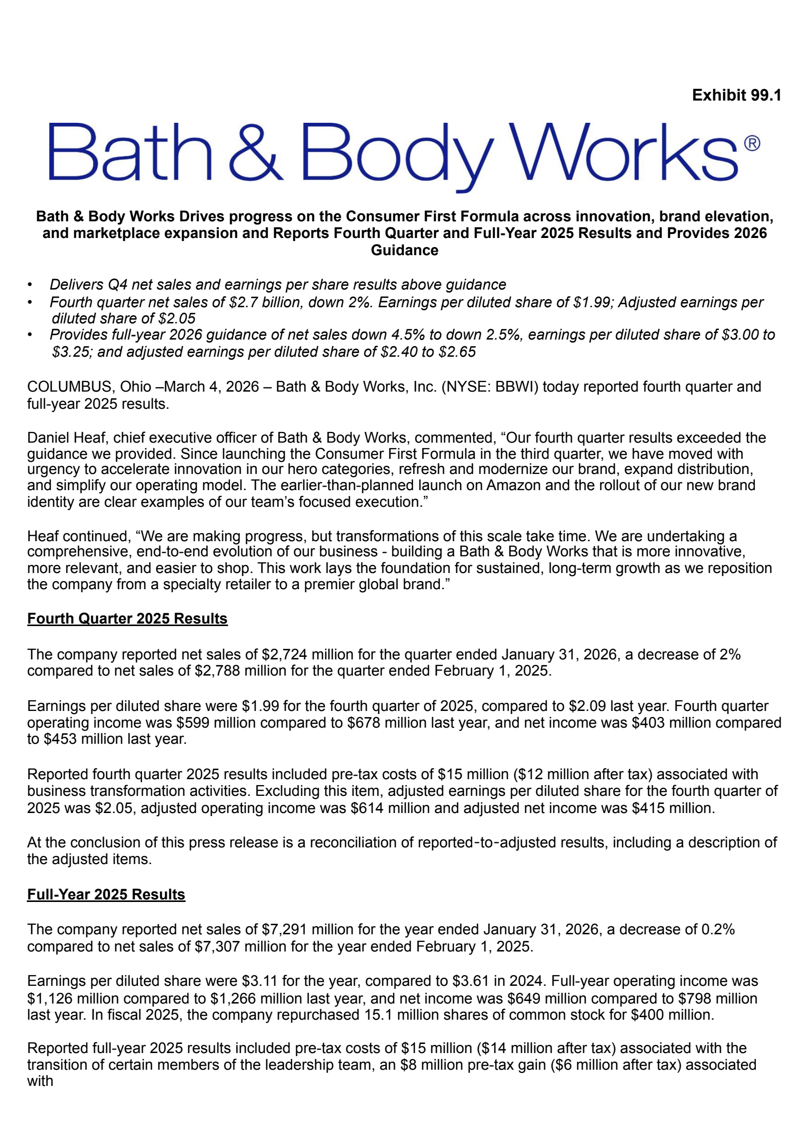 Bath & Body Works' Q4 2026 Press Release