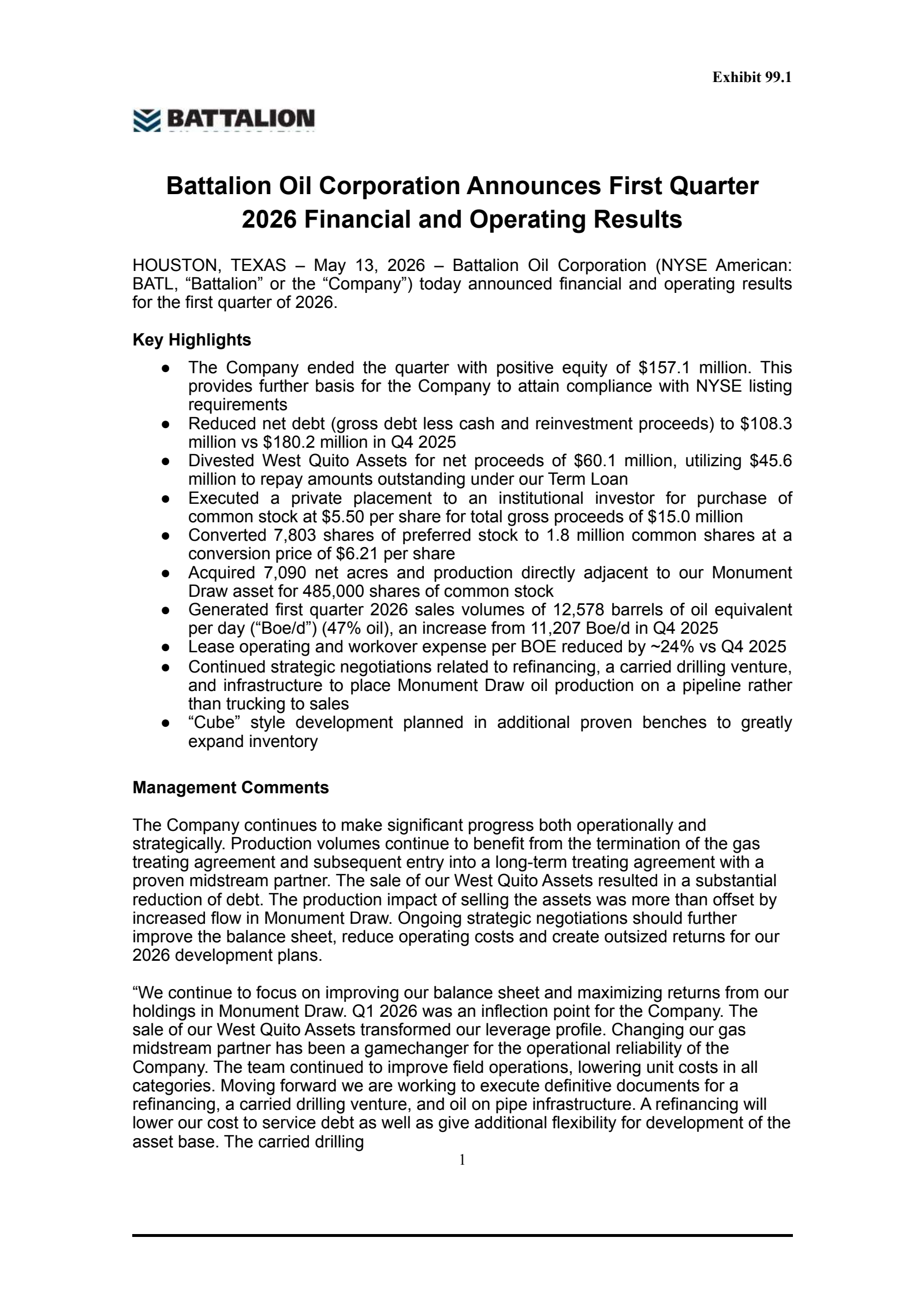 Battalion Oil's Q1 2026 Press Release