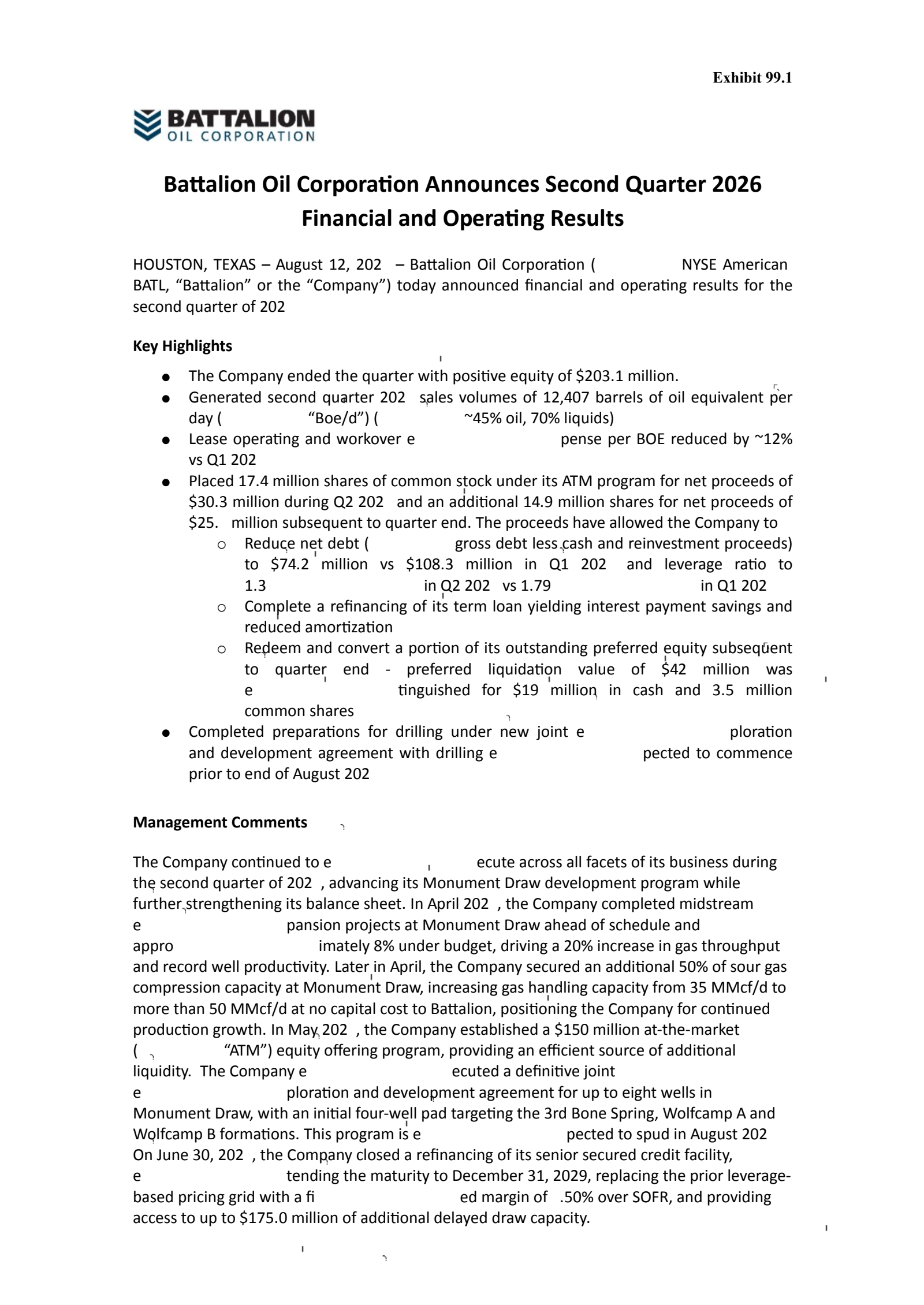 Battalion Oil's Q2 2026 Press Release