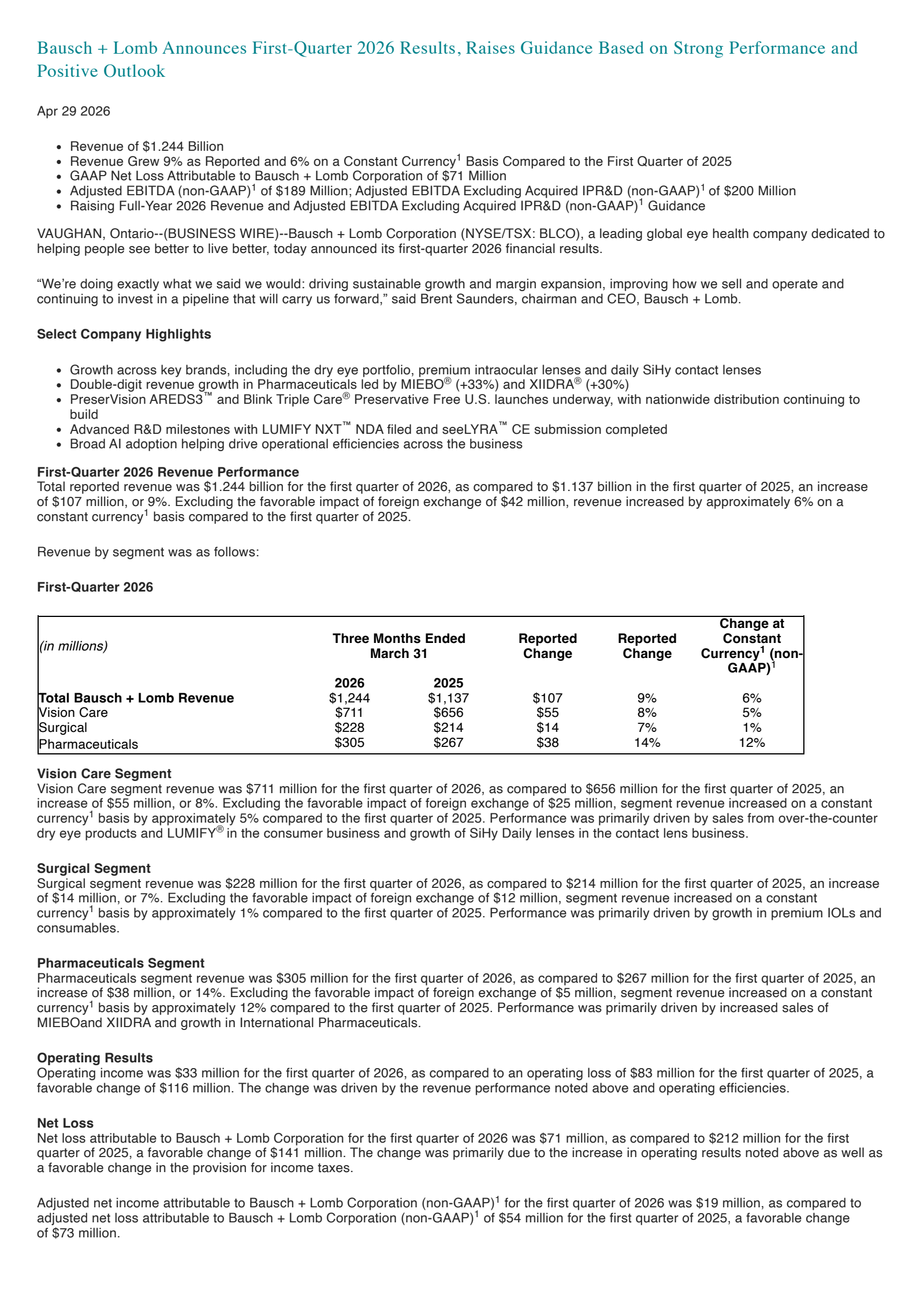 Bausch + Lomb's Q1 2026 Press Release
