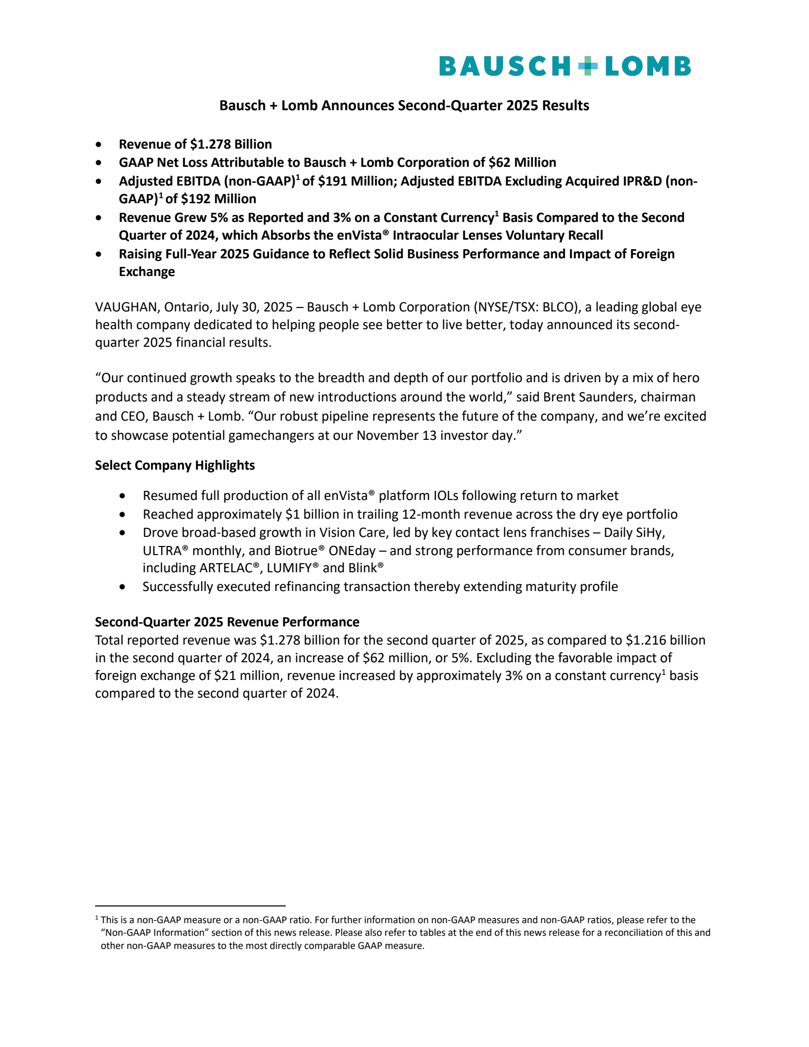 Bausch + Lomb's Q2 2025 Press Release