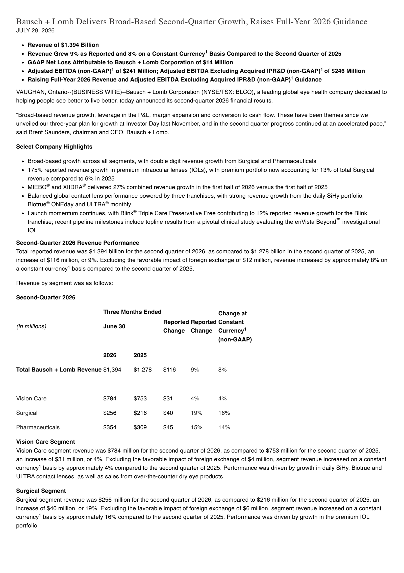 Bausch + Lomb's Q2 2026 Press Release
