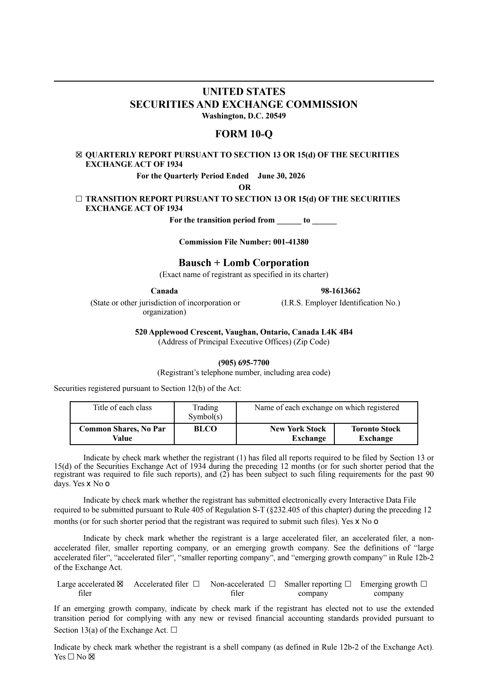 Bausch + Lomb's Q2 2026 Quarterly report