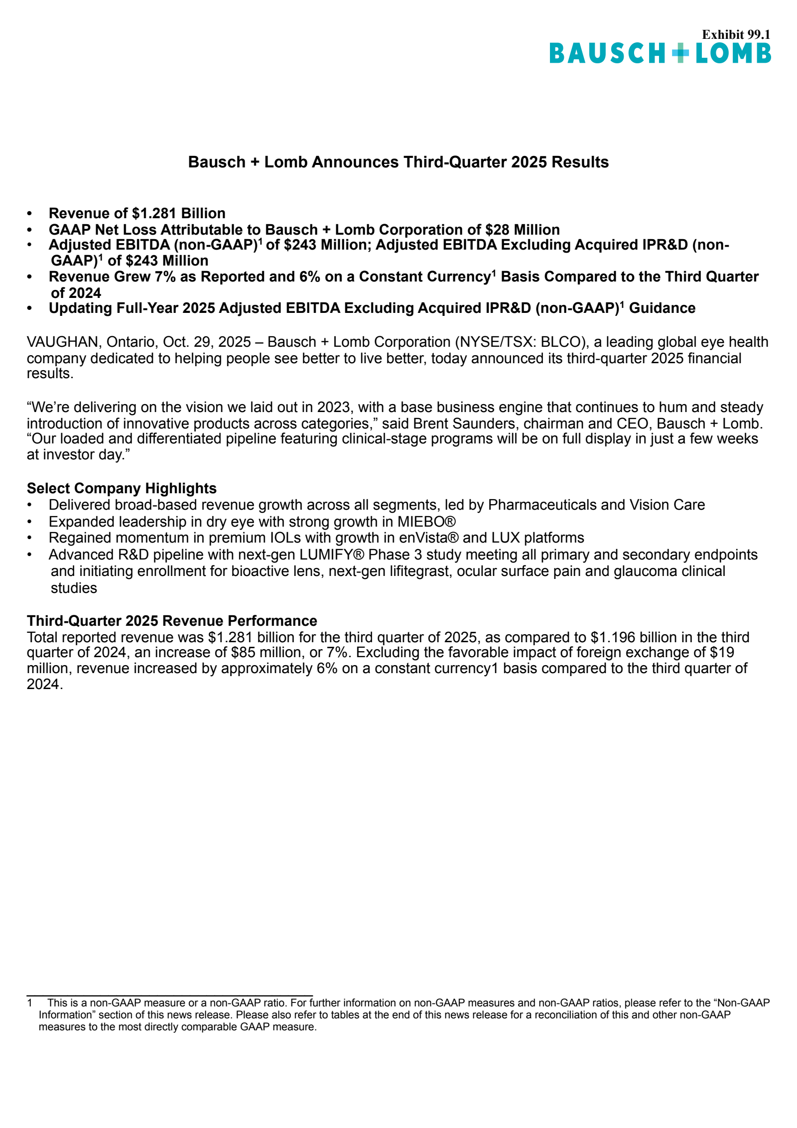 Bausch + Lomb's Q3 2025 Earnings Release