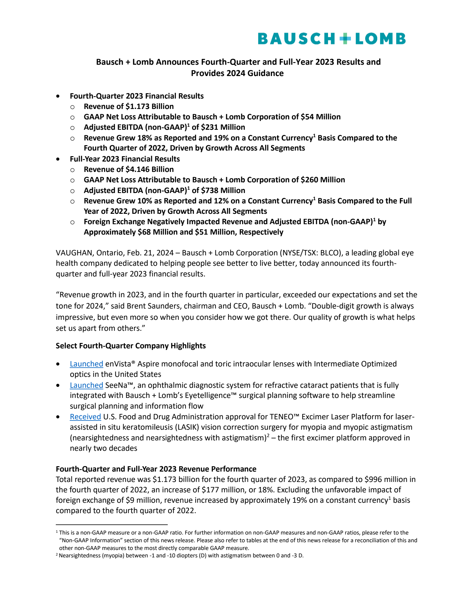 Bausch + Lomb's Q4 2023 Press Release