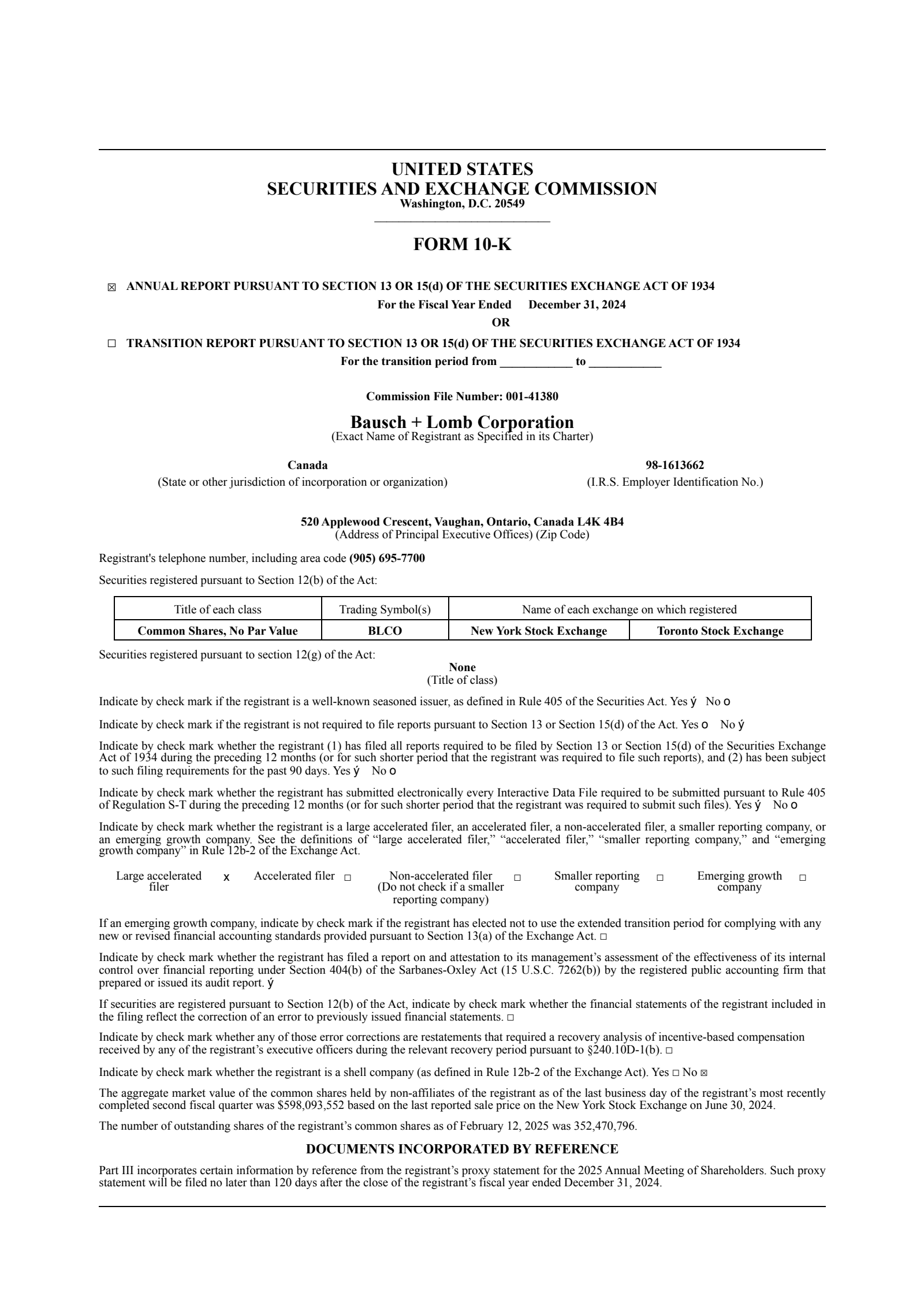Bausch + Lomb's Q4 2024 Annual report