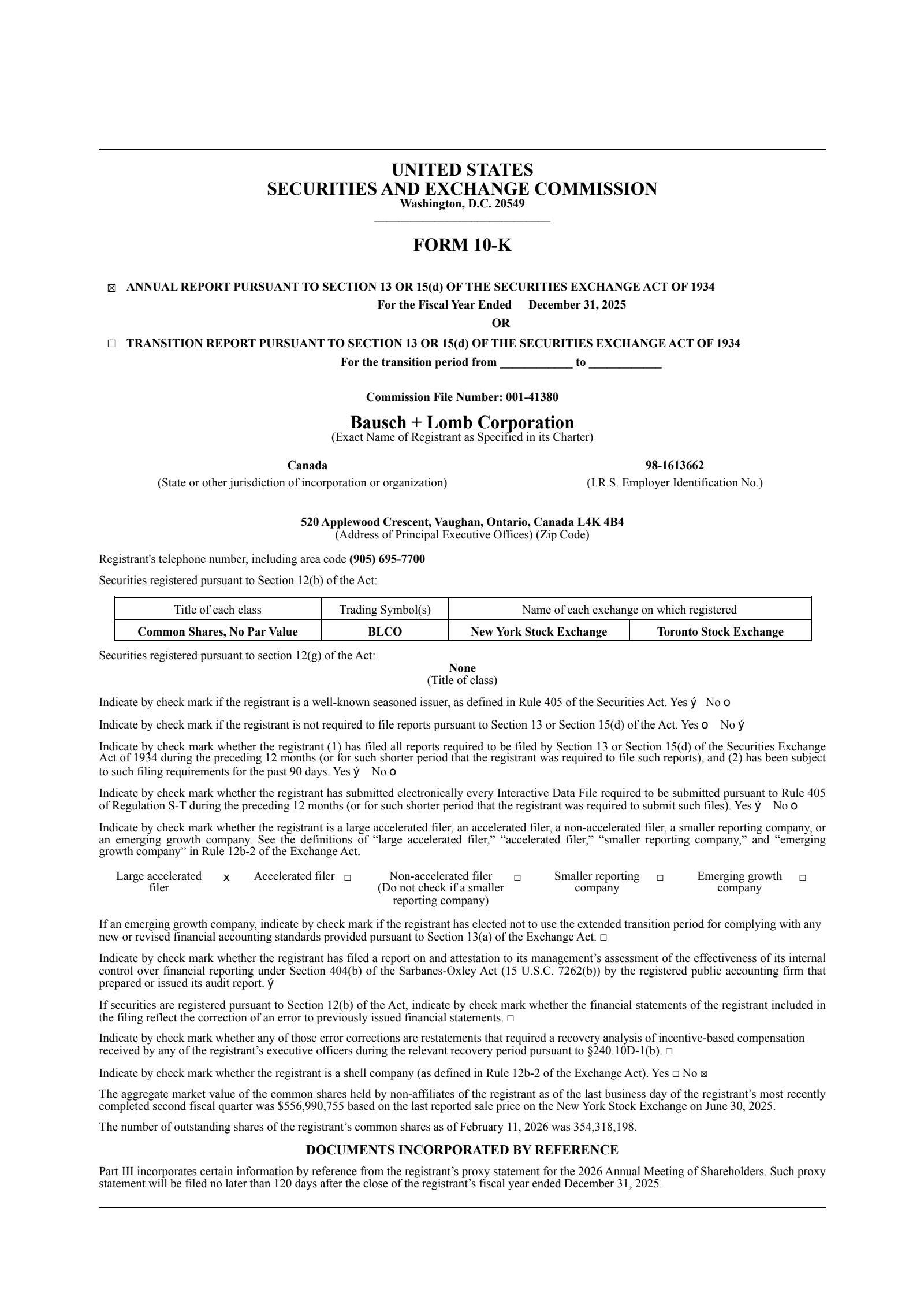 Bausch + Lomb's Q4 2025 Annual report