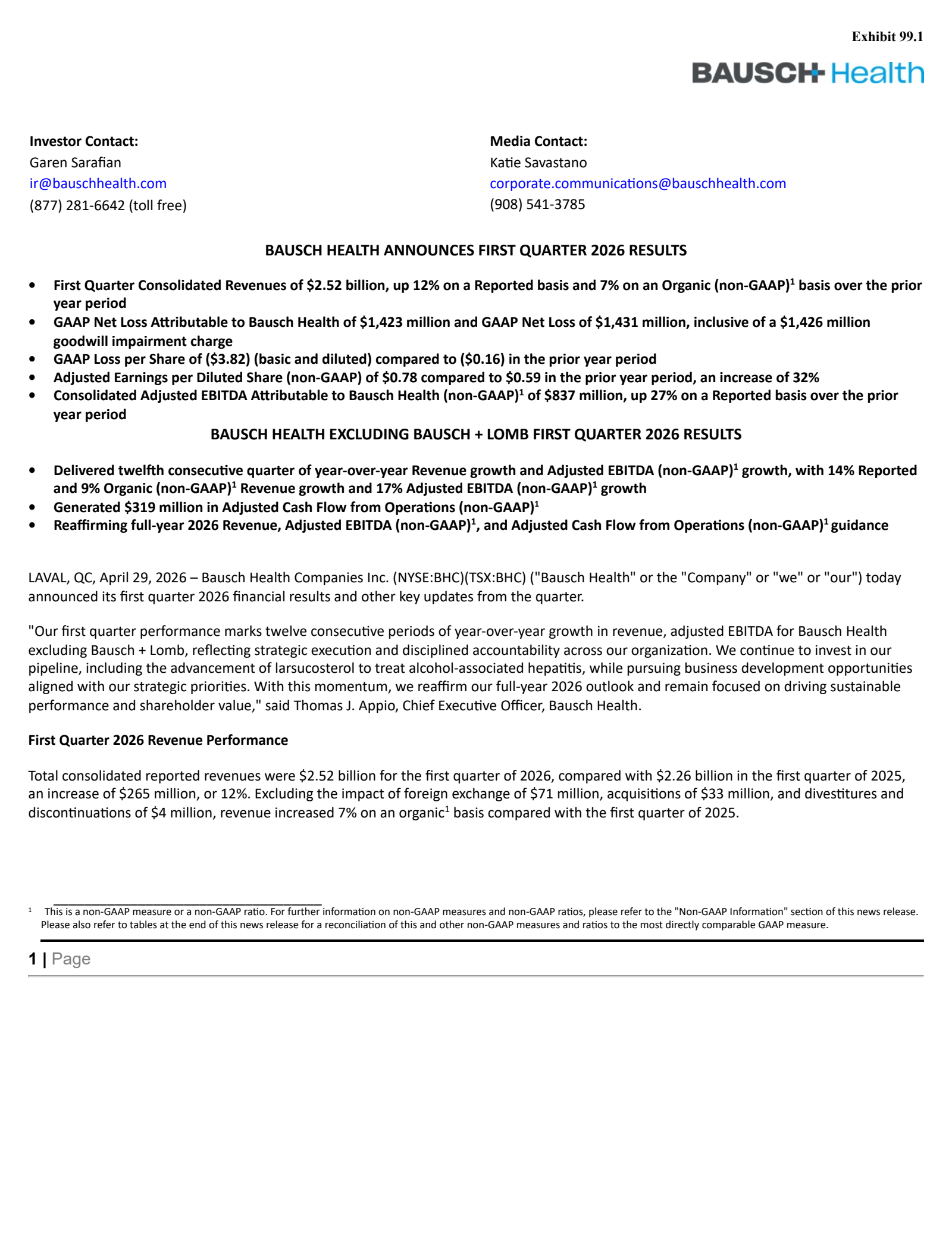 Bausch Health Cos' Q1 2026 Press Release