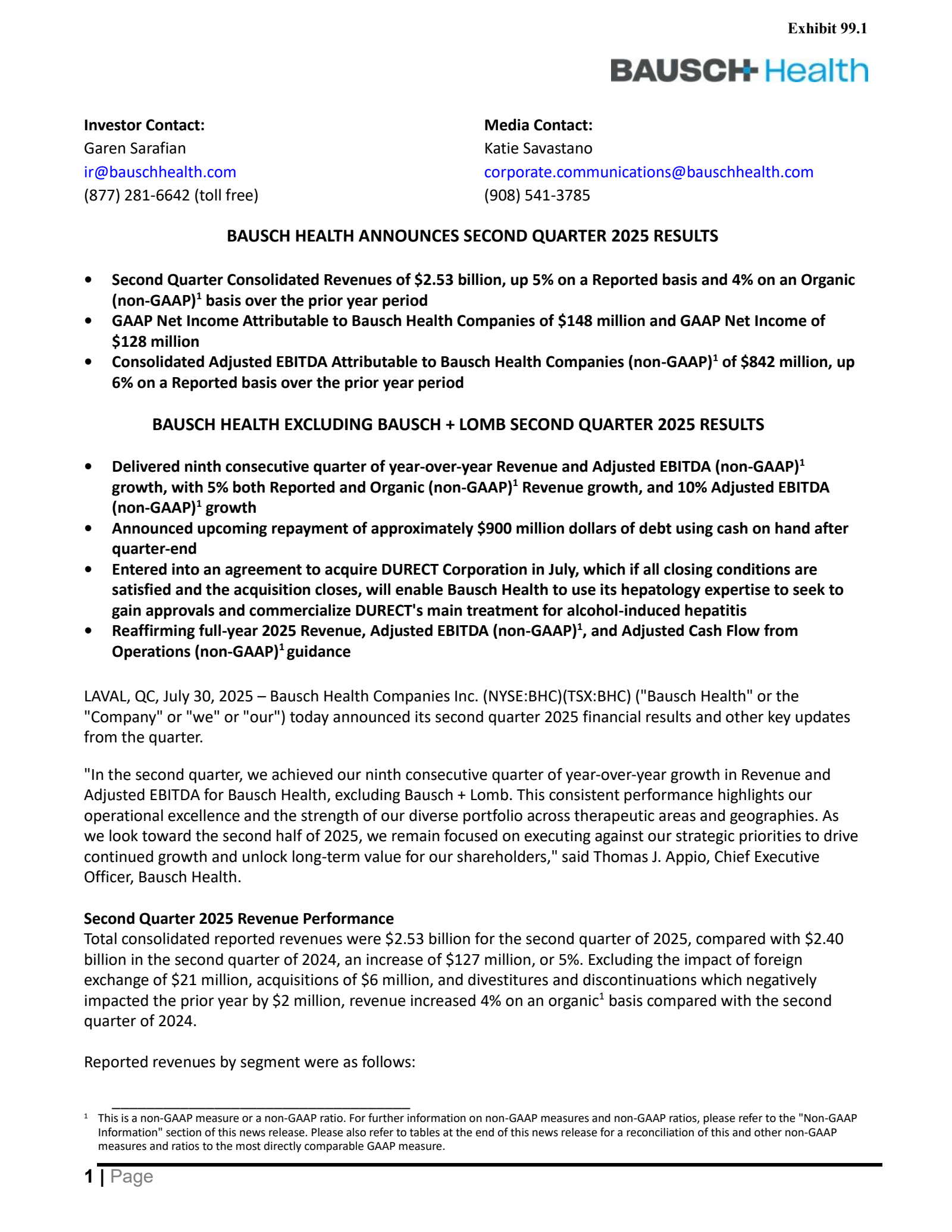 Bausch Health Cos' Q2 2025 Press Release