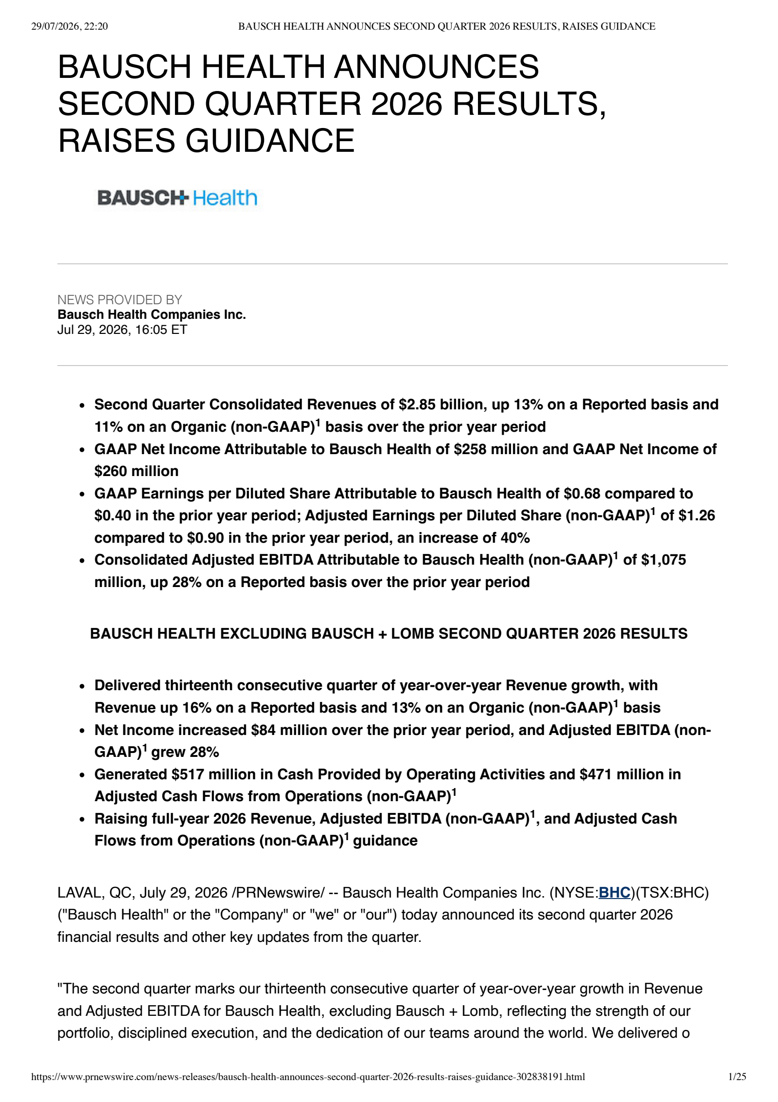 Bausch Health Cos' Q2 2026 Press Release