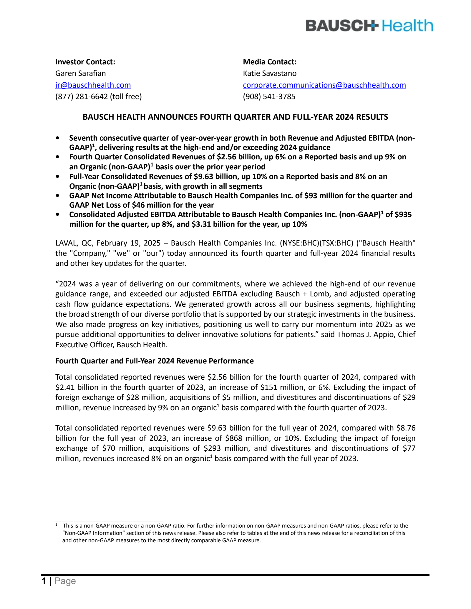 Bausch Health Cos' Q4 2024 Press Release