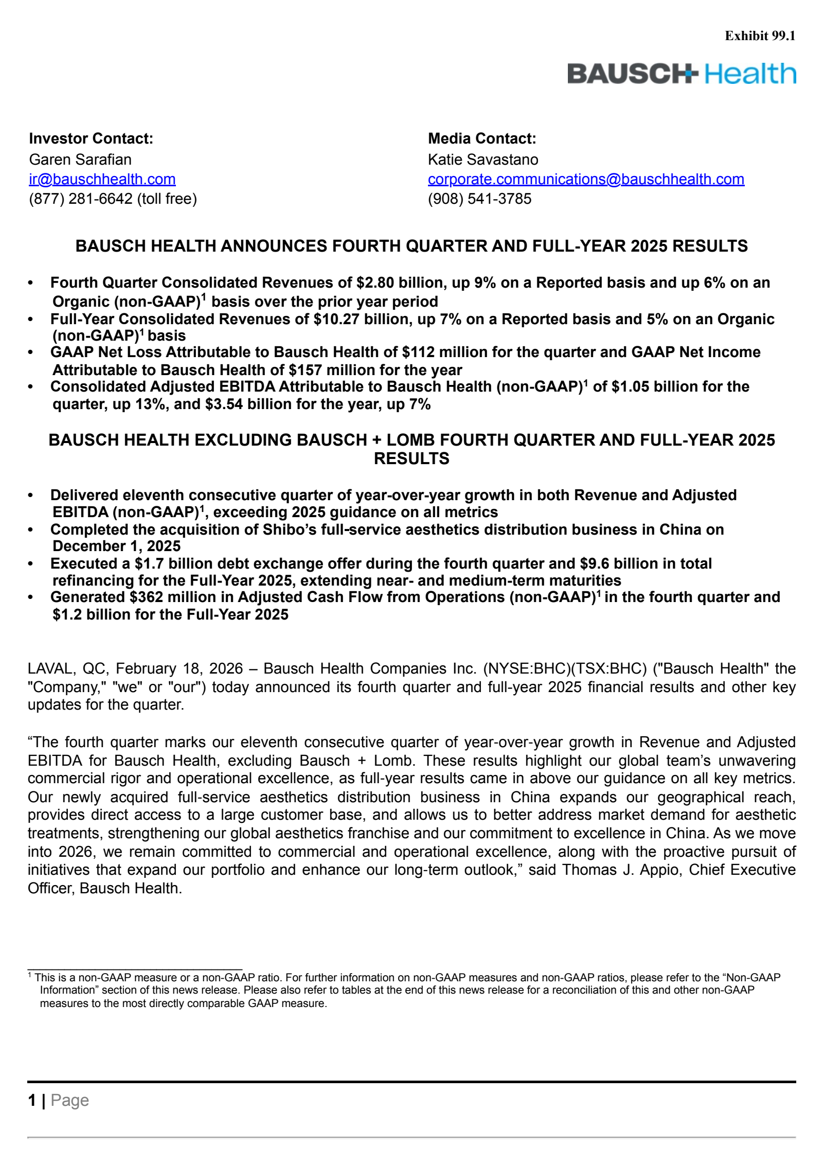 Bausch Health Cos' Q4 2025 Press Release