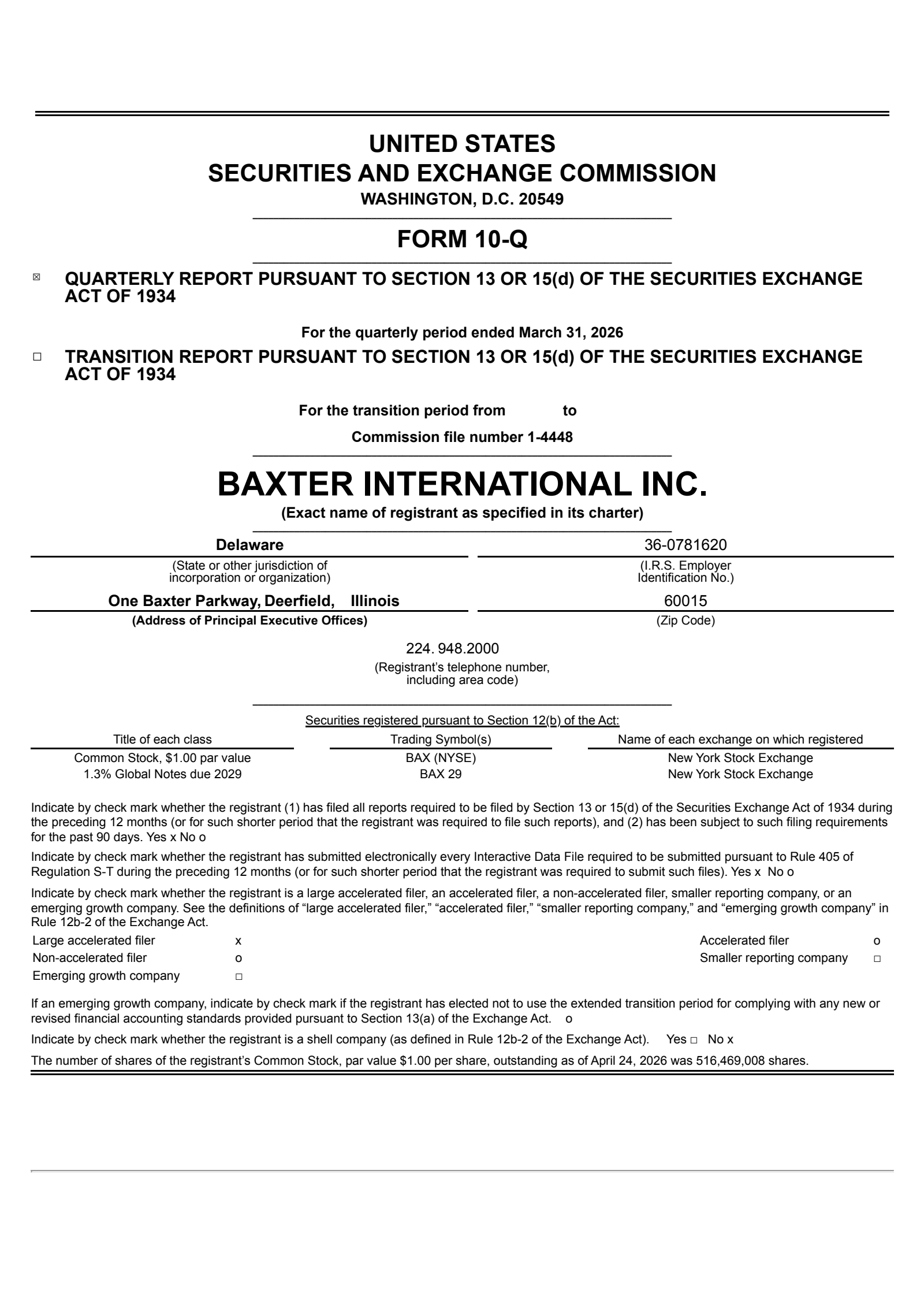 Baxter International's Q1 2026 Quarterly report