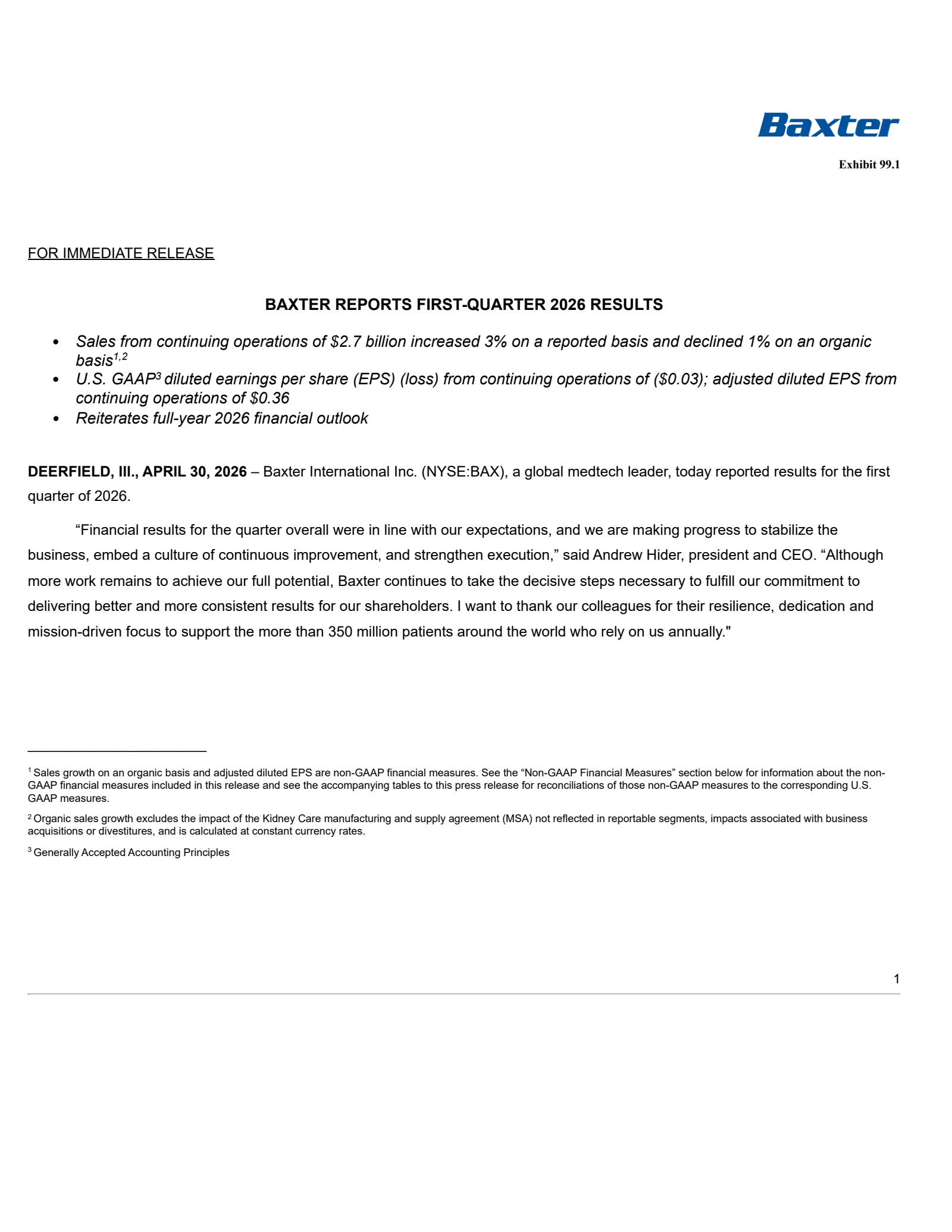 Baxter International's Q1 2026 Press Release