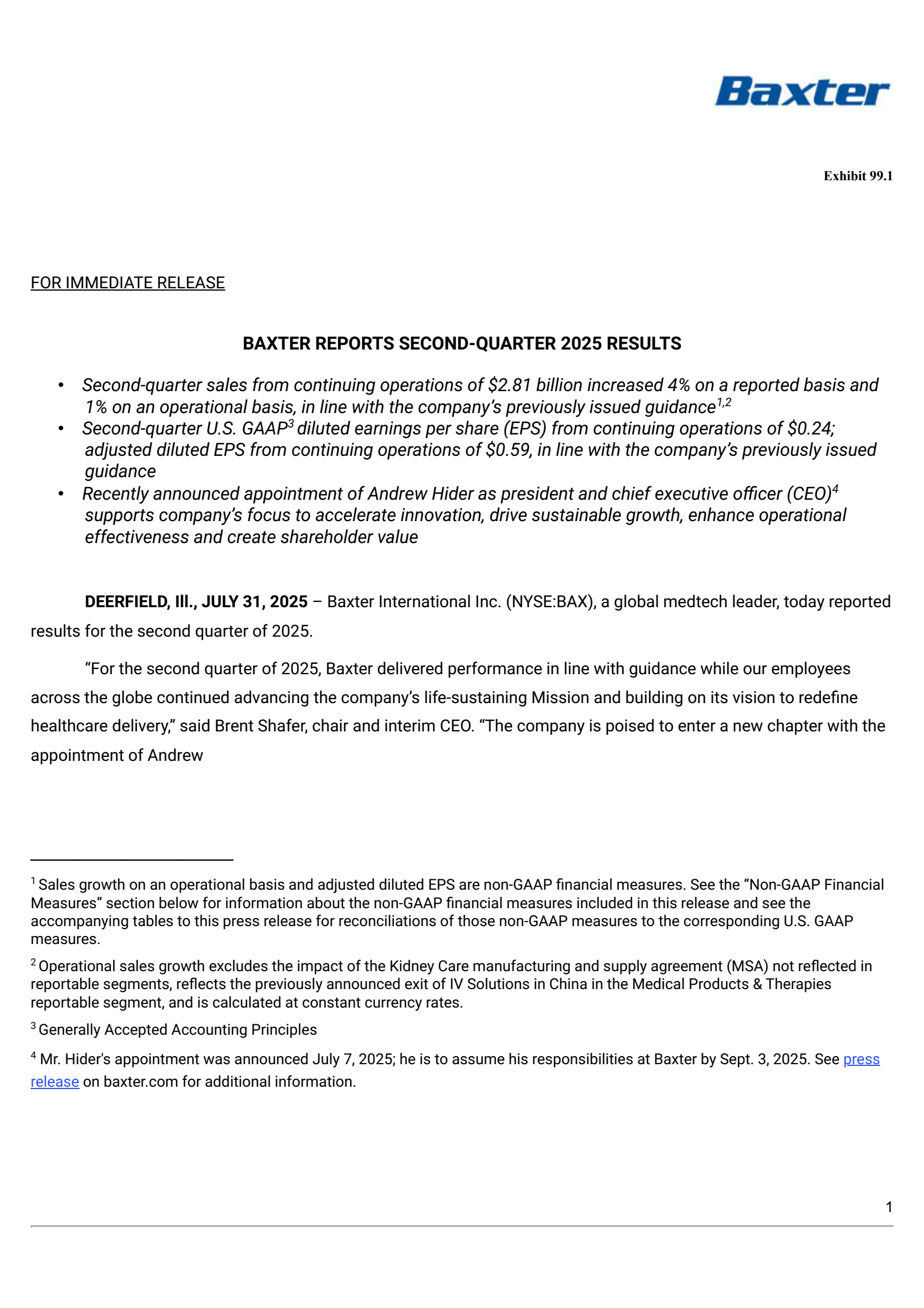 Baxter International's Q2 2025 Press Release