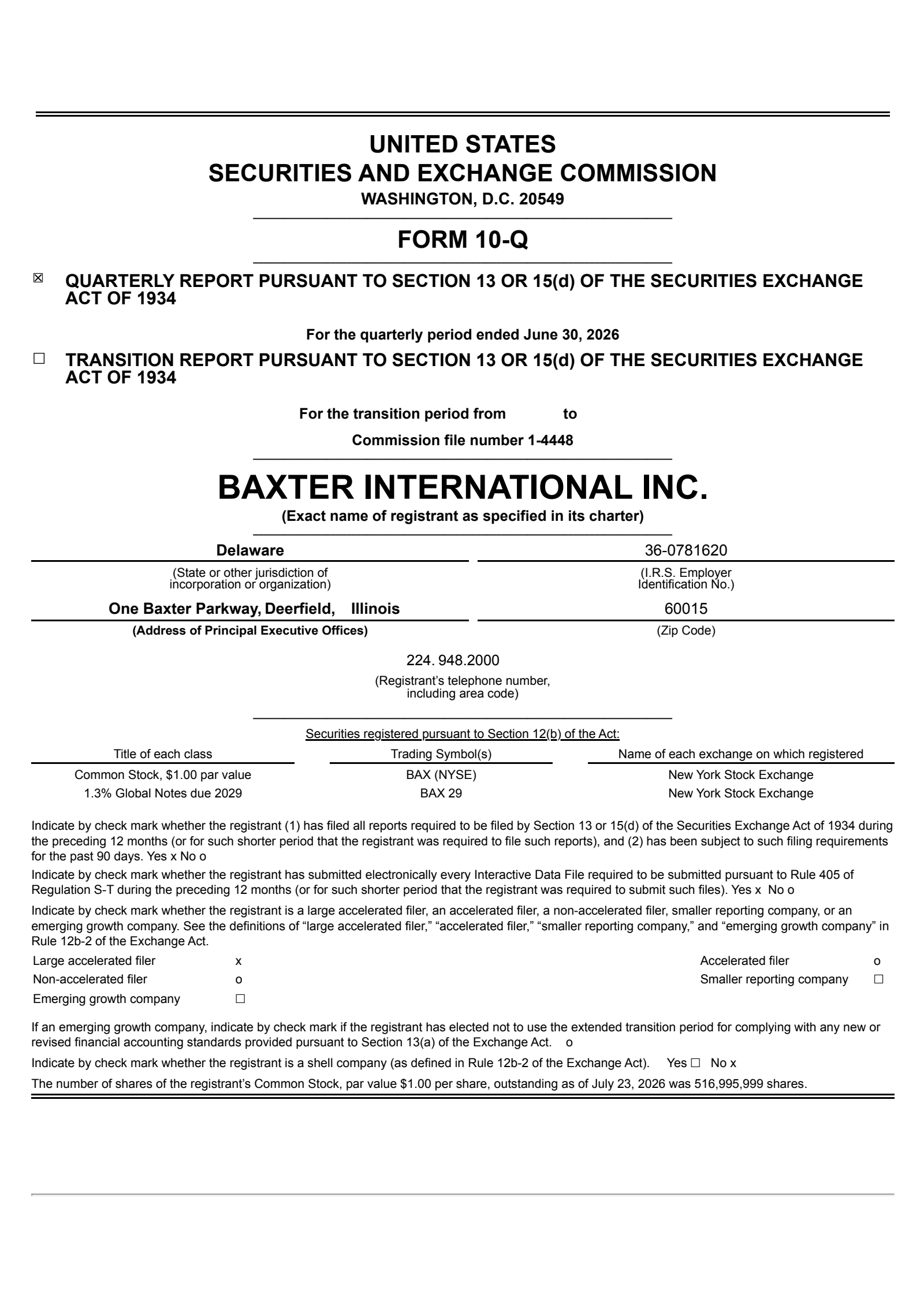 Baxter International's Q2 2026 Quarterly report