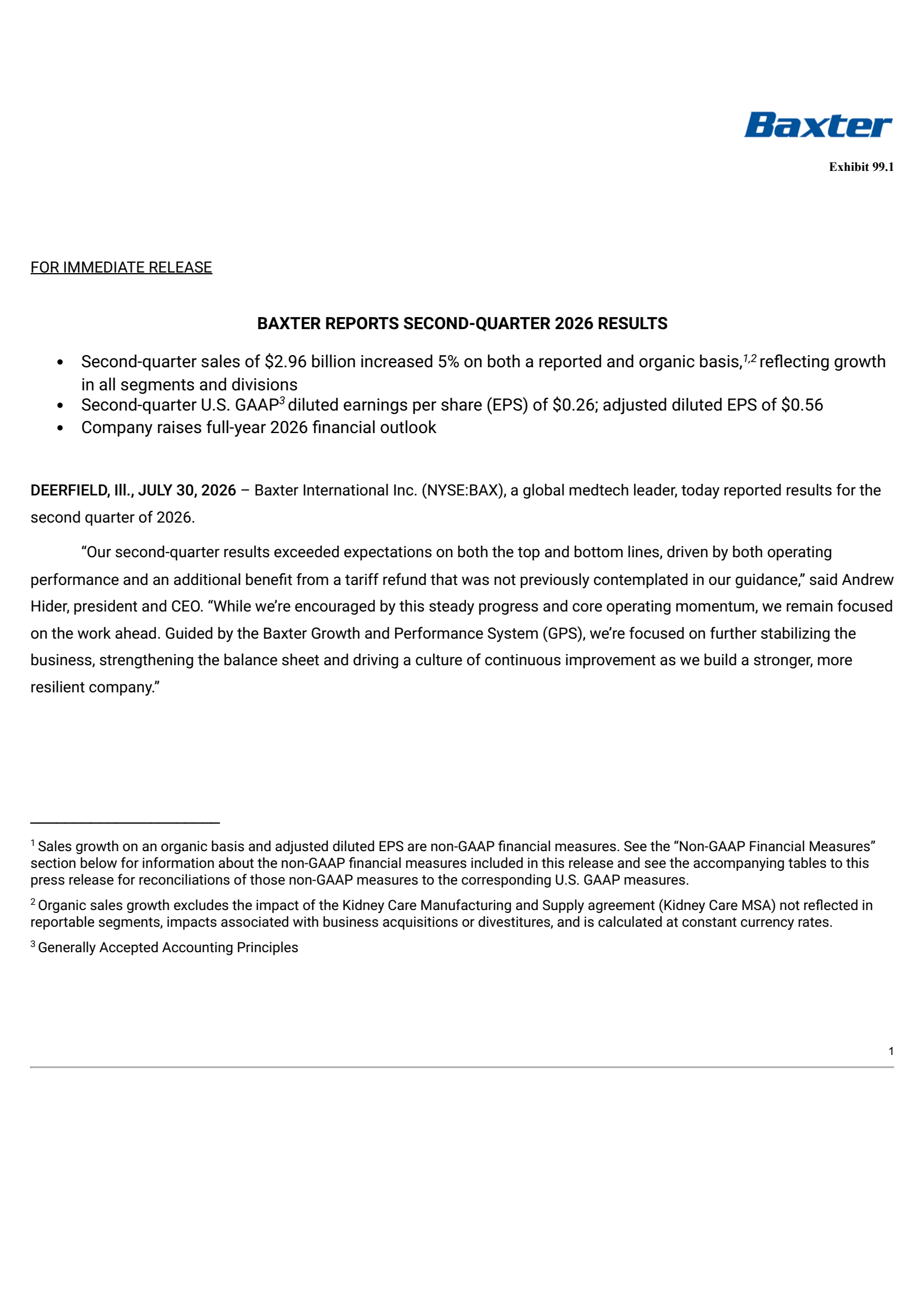 Baxter International's Q2 2026 Press Release