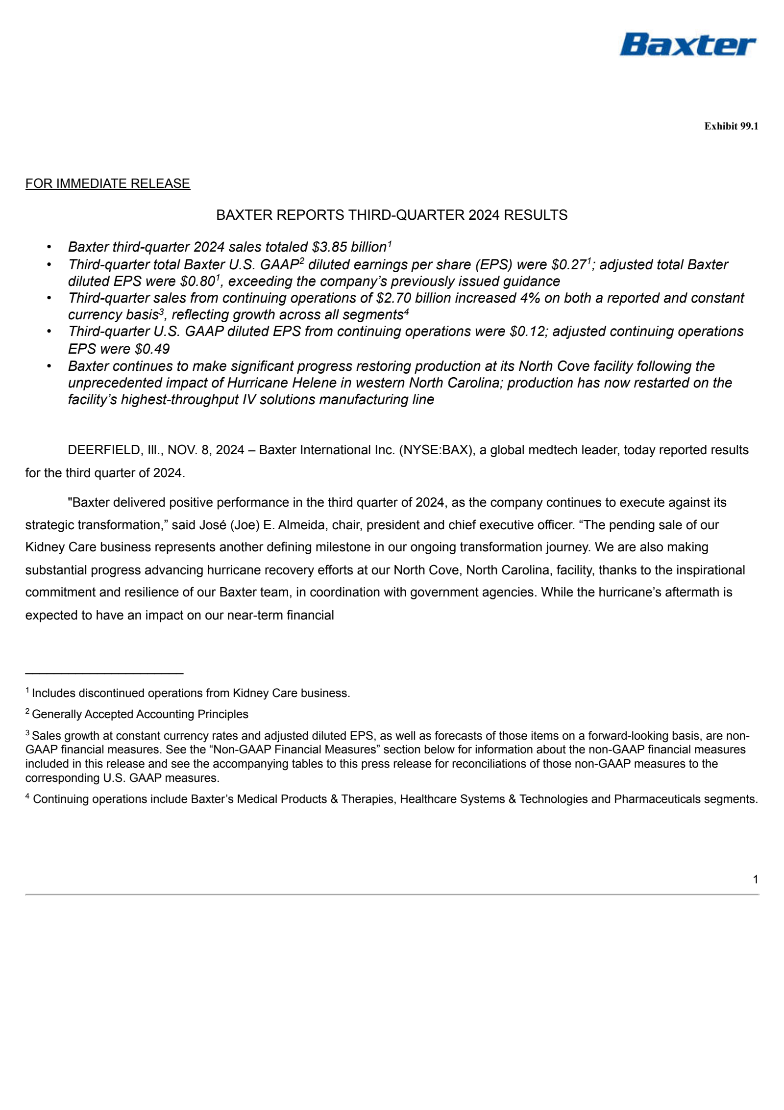 Baxter International's Q3 2024 Press Release