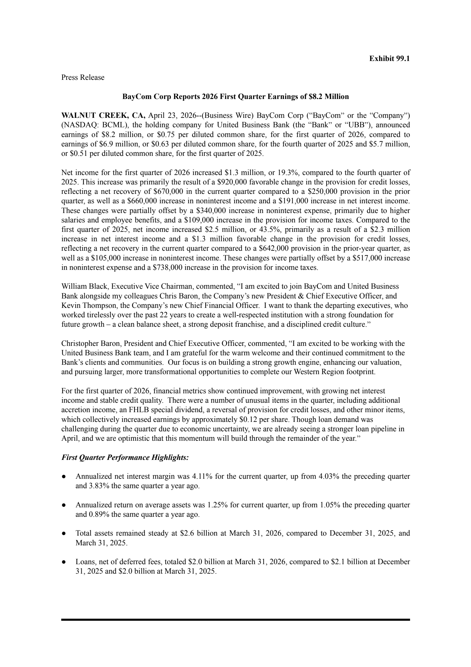 Bay Commercial Bank's Q1 2026 Press Release