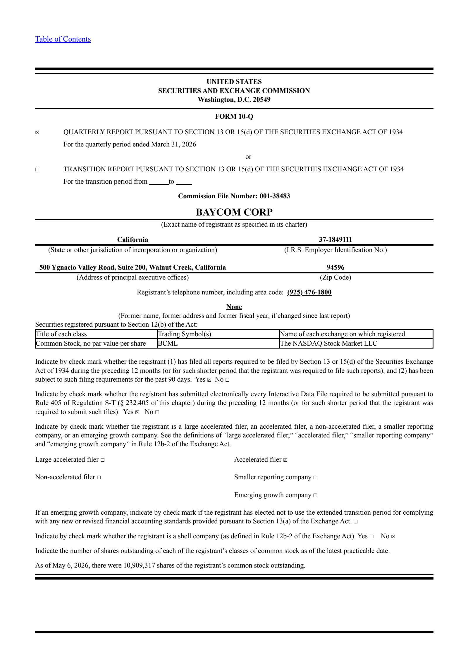 Bay Commercial Bank's Q1 2026 Quarterly report