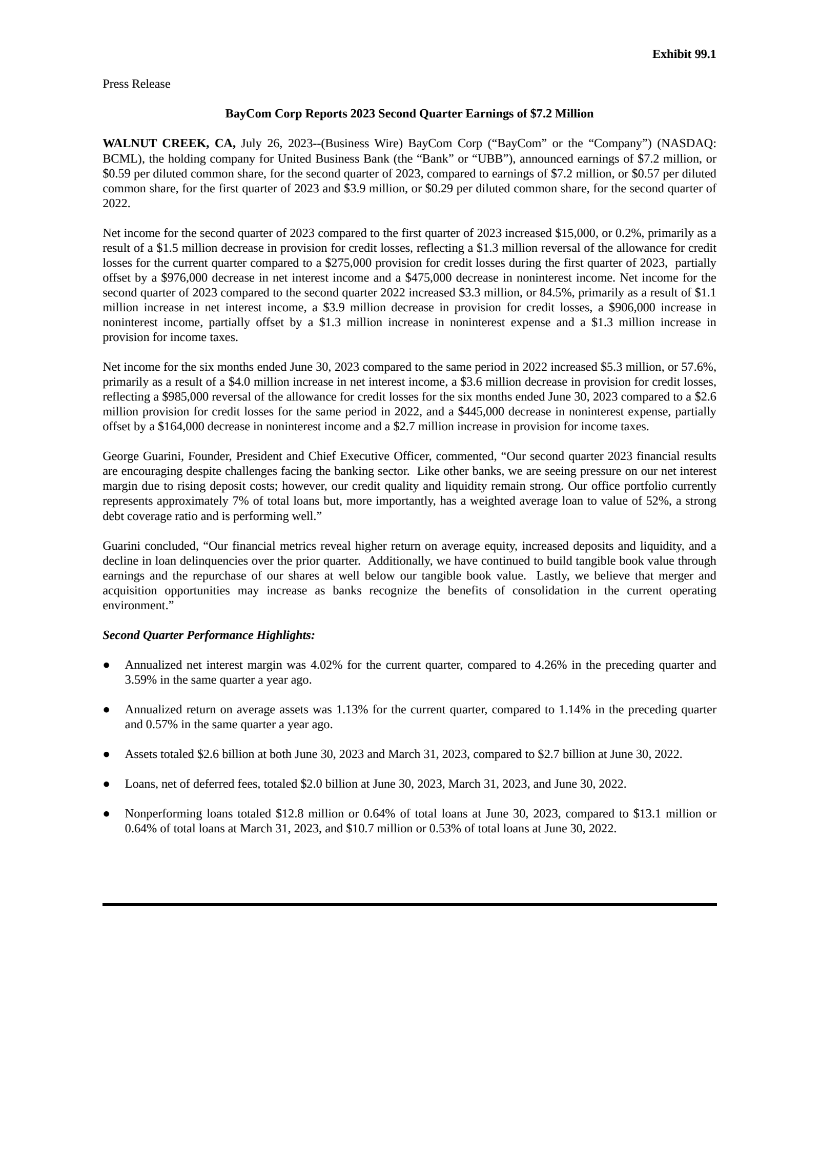 BayCom's Q2 2023 Press Release