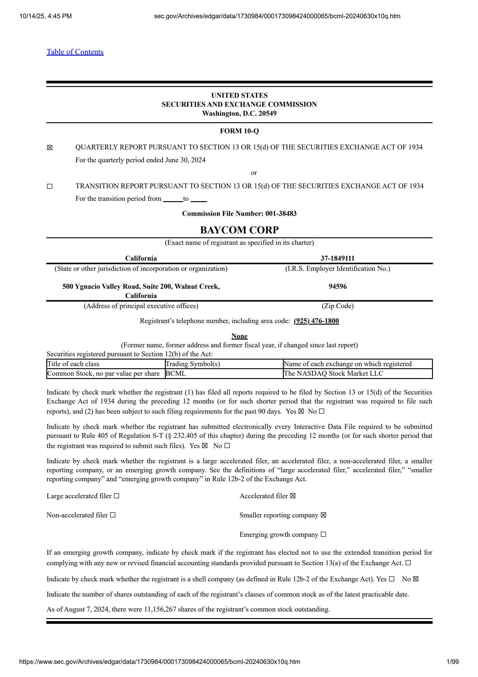 Bay Commercial Bank's Q2 2024 Quarterly Report