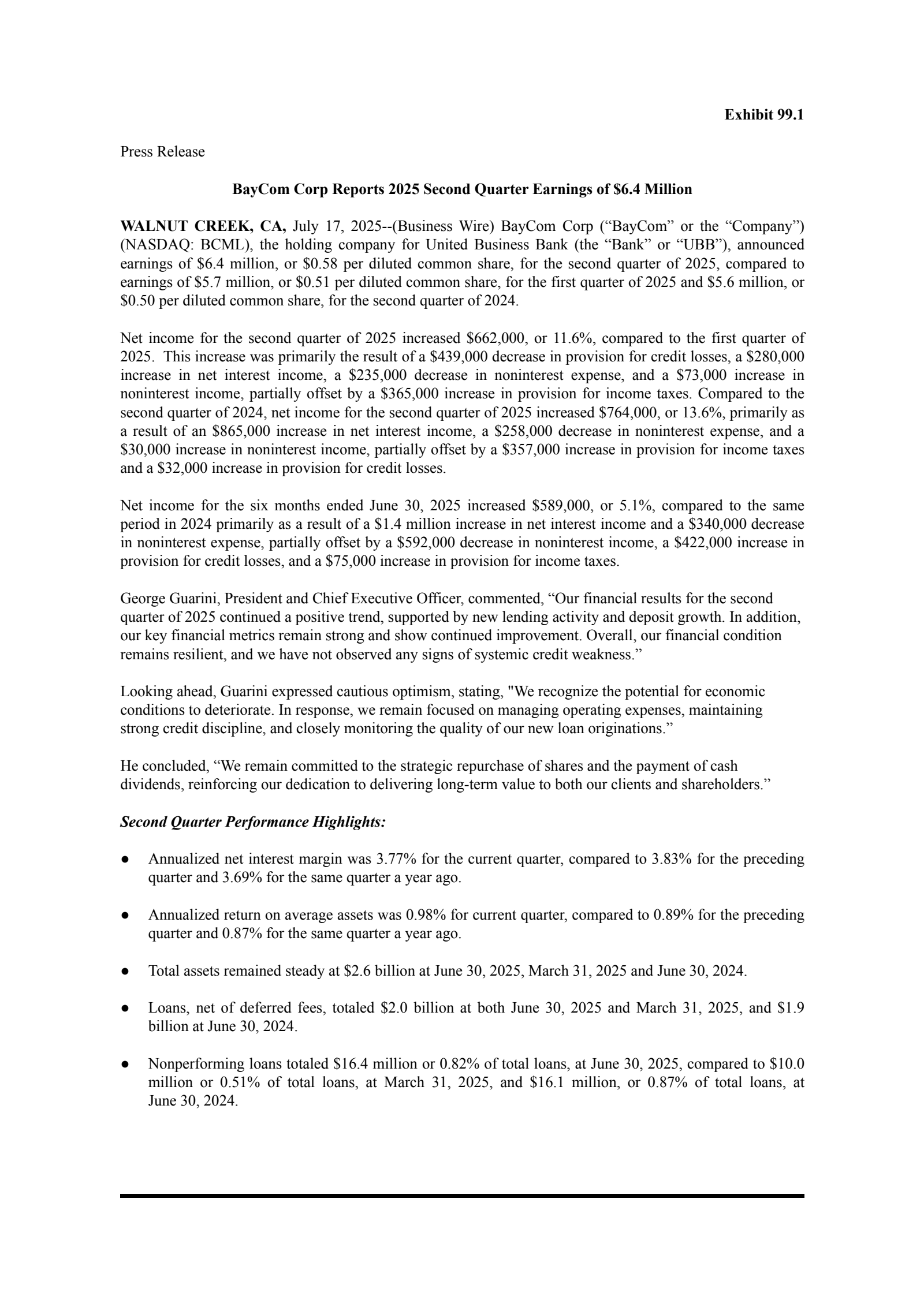 Bay Commercial Bank's Q2 2025 Press Release