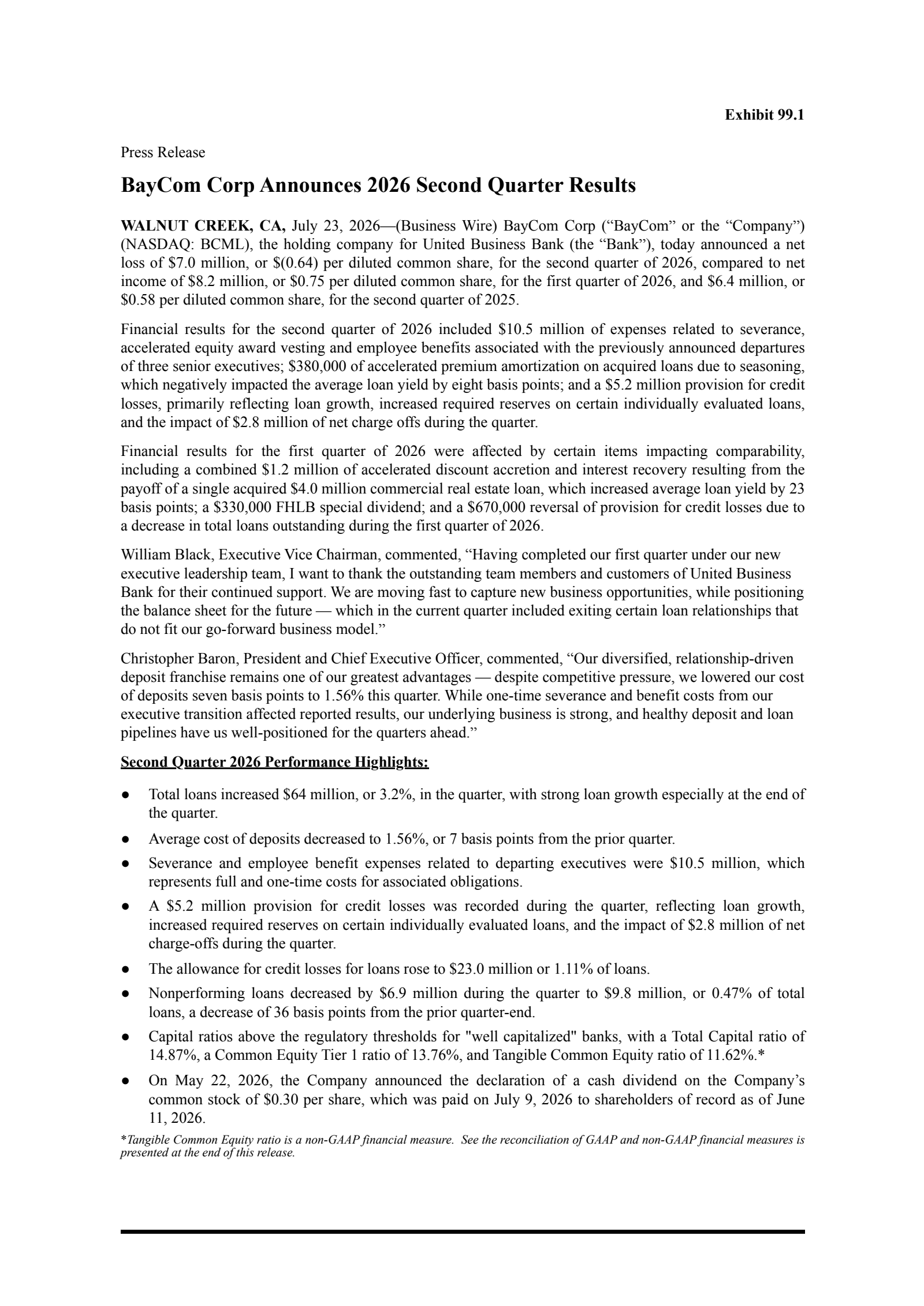 Bay Commercial Bank's Q2 2026 Press Release