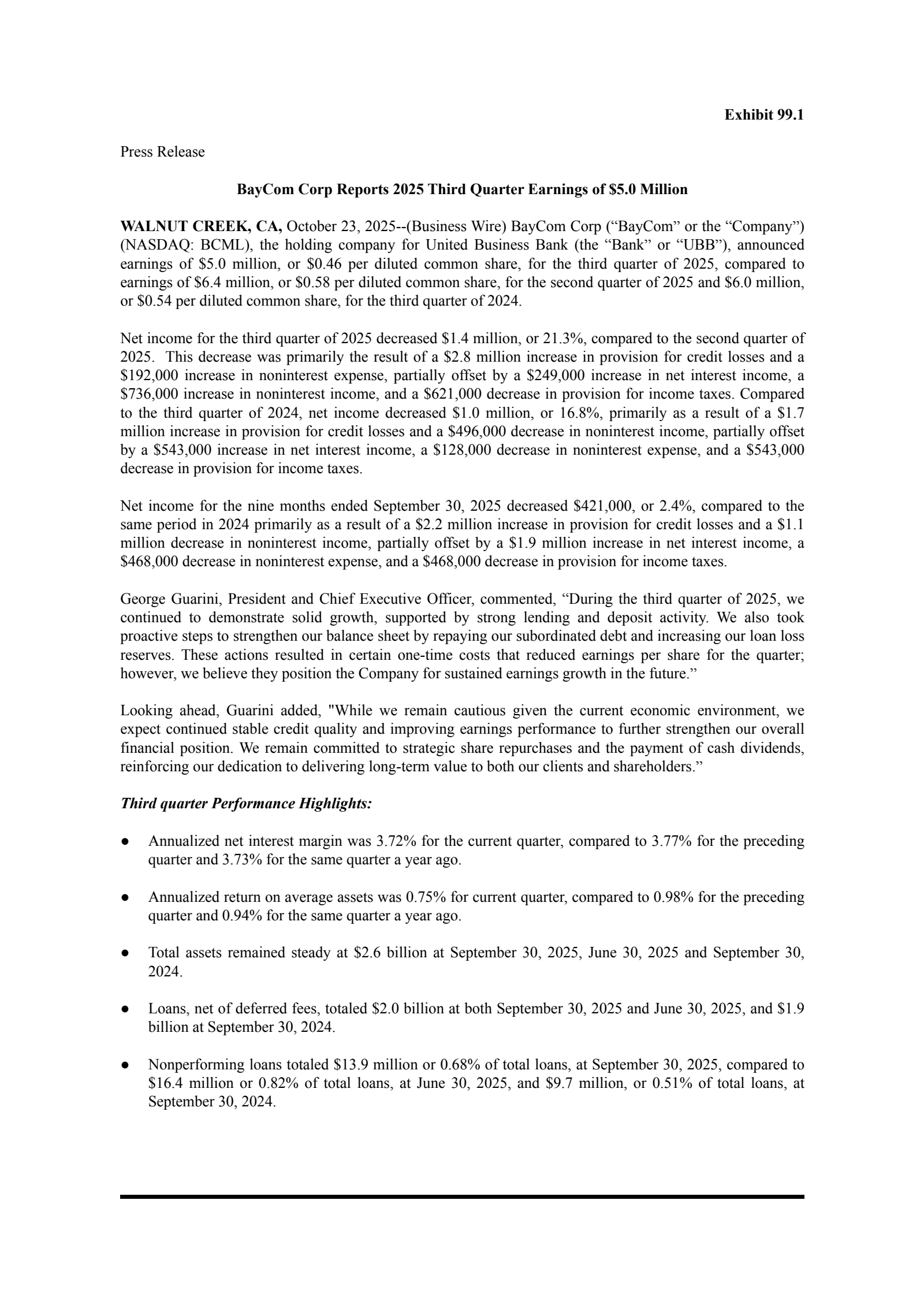 Bay Commercial Bank's Q3 2025 Earnings Release