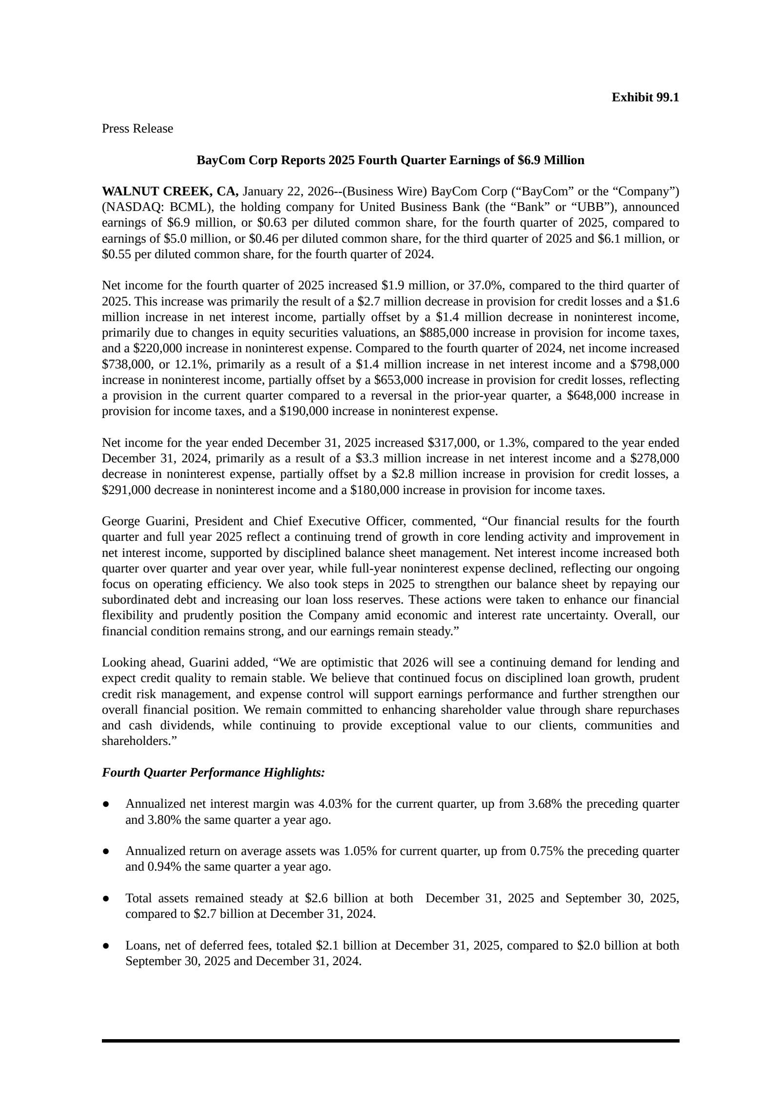 Bay Commercial Bank's Q4 2025 Press Release