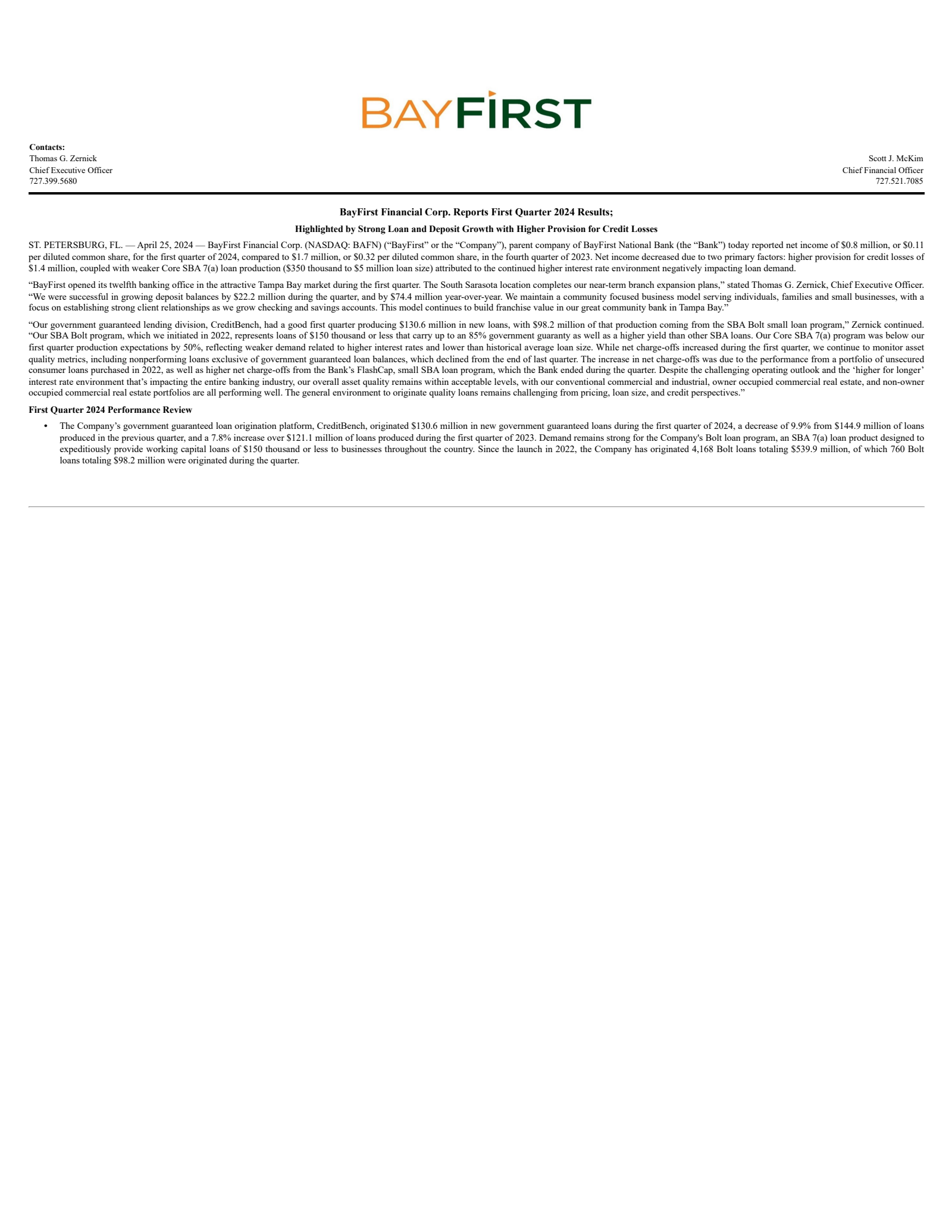 BayFirst Financial's Q1 2024 Press Release