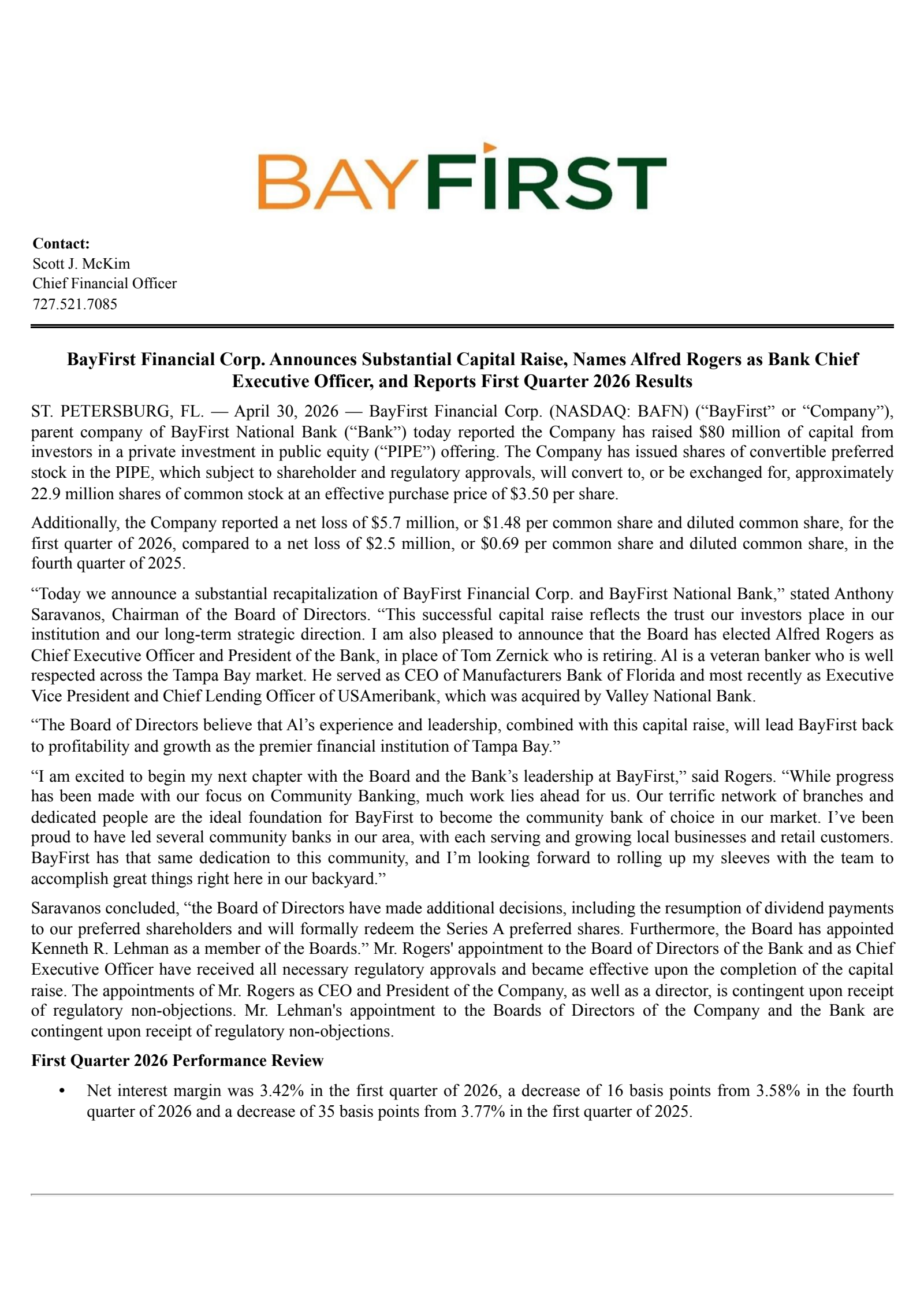 BayFirst Financial's Q1 2026 Press Release