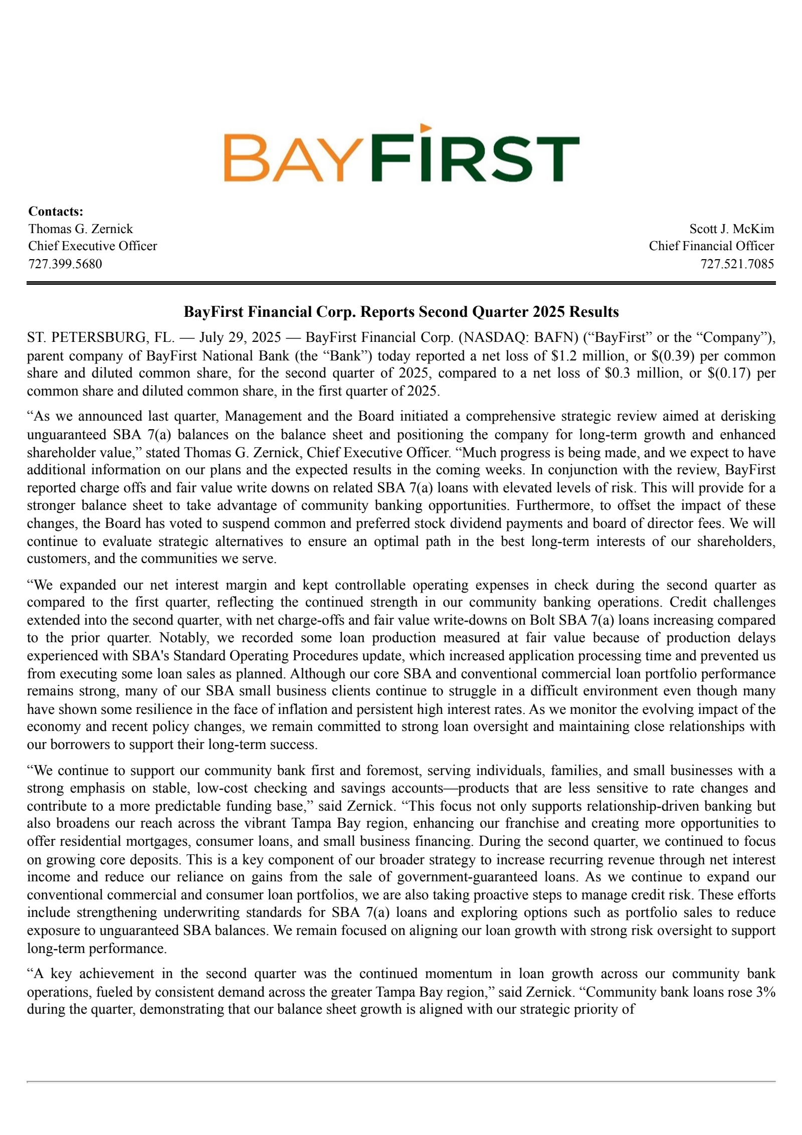 BayFirst Financial's Q2 2025 Press Release