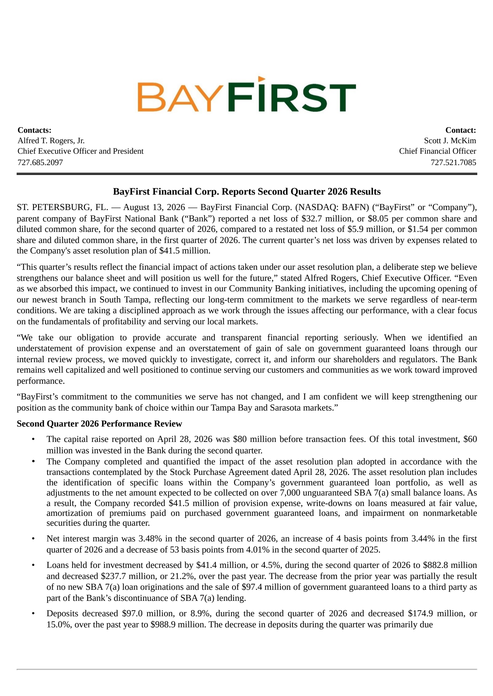 BayFirst Financial's Q2 2026 Press Release